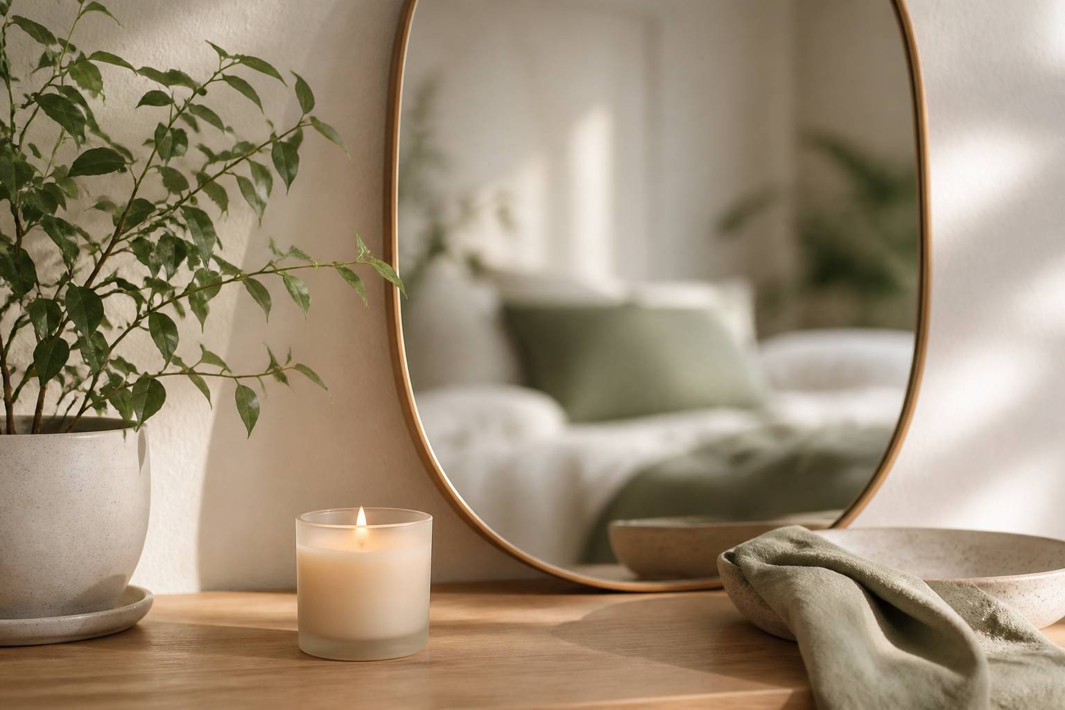 Miroir avec bougie allumée et plante sur un meuble
