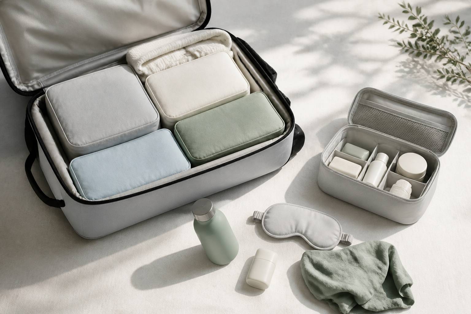 Sac de voyage organise avec des packing cubes et une trousse de toilette solide