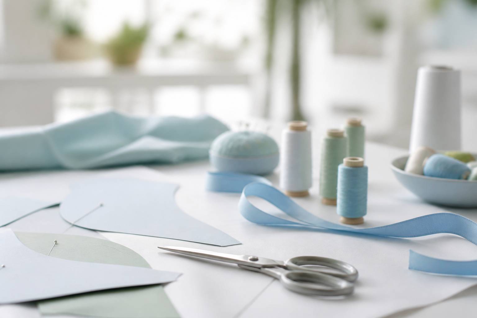 Patrons en papier, ciseaux et bobines de fil poses sur une table de couture