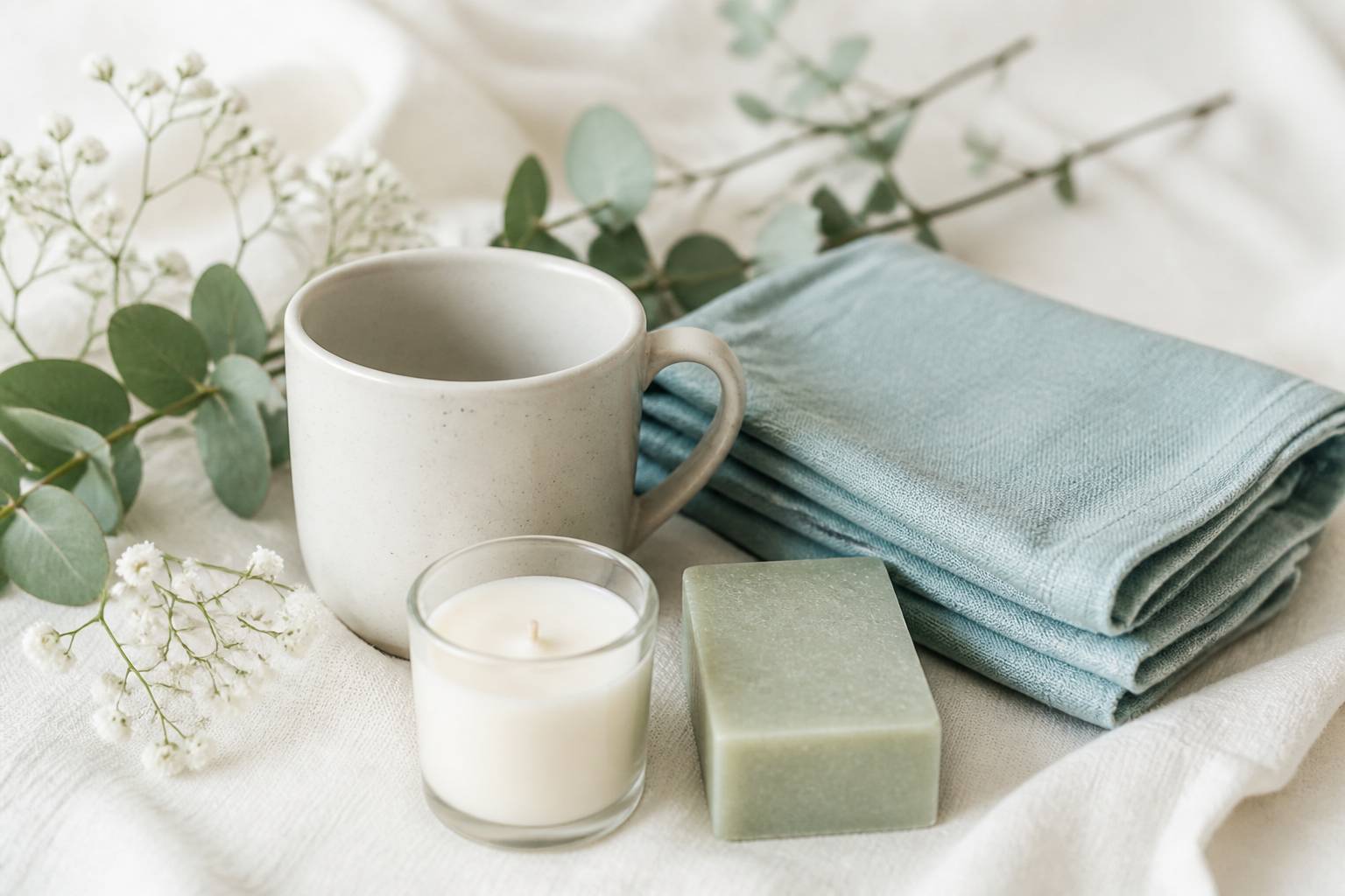 Composition de petits cadeaux utiles avec mug en ceramique, serviette et bougie