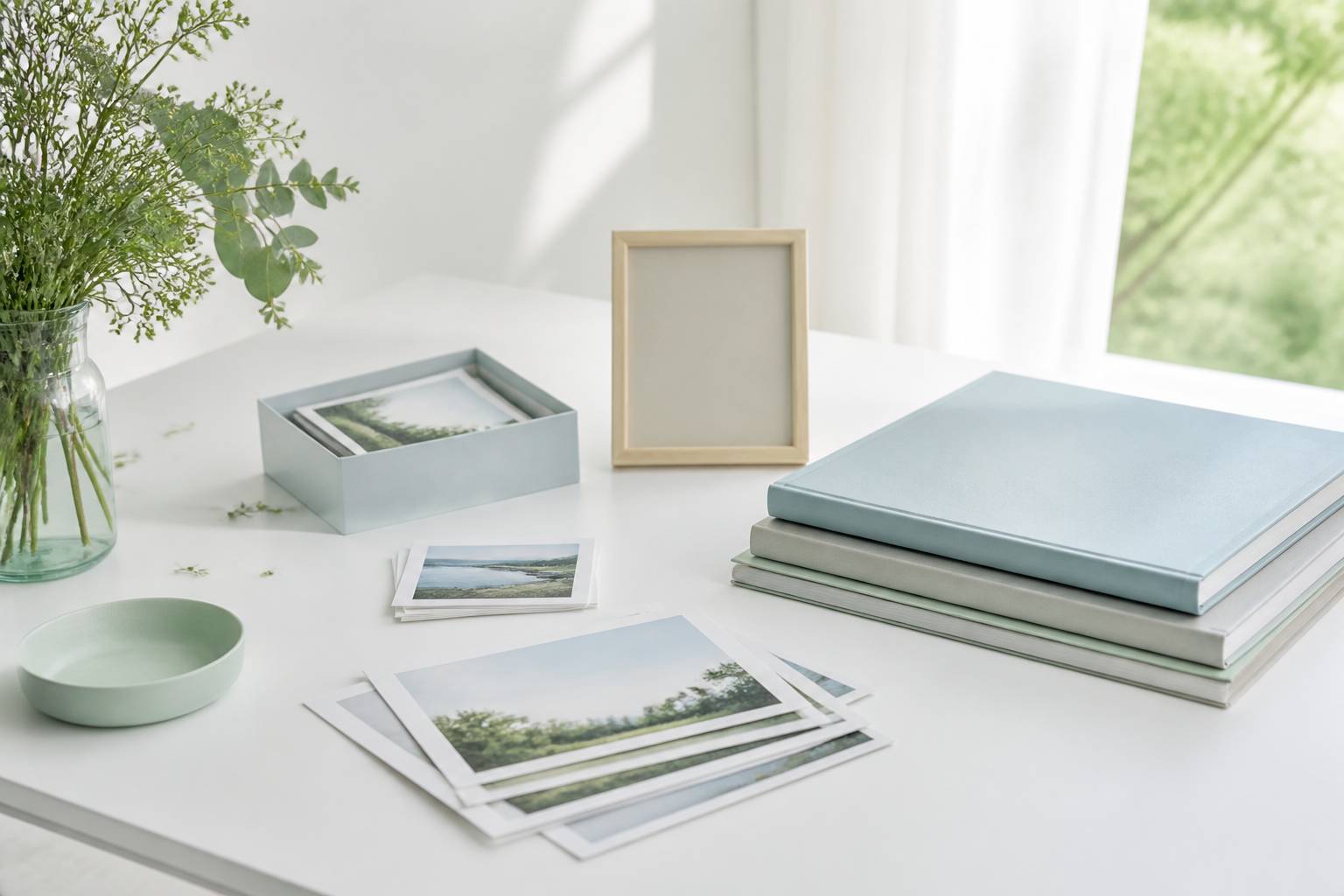 Selection de photos souvenirs dans des albums et boites sur une table claire