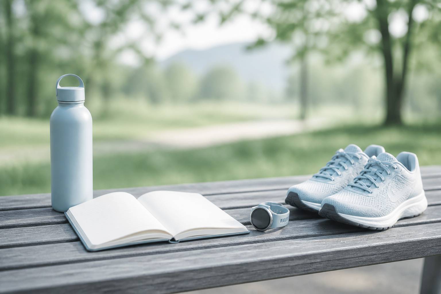 Carnet de plan d'entrainement avec chaussures et gourde sur un banc