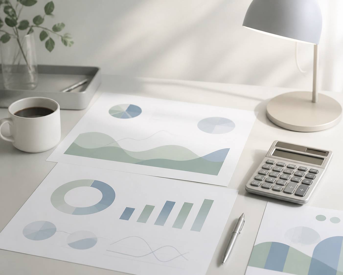 Documents avec graphiques abstraits et calculatrice sur une table