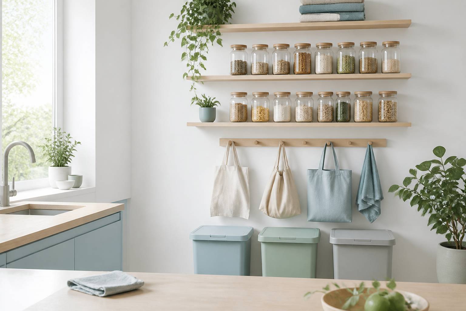Coin cuisine avec bocaux en verre reutilisables et poubelles de tri