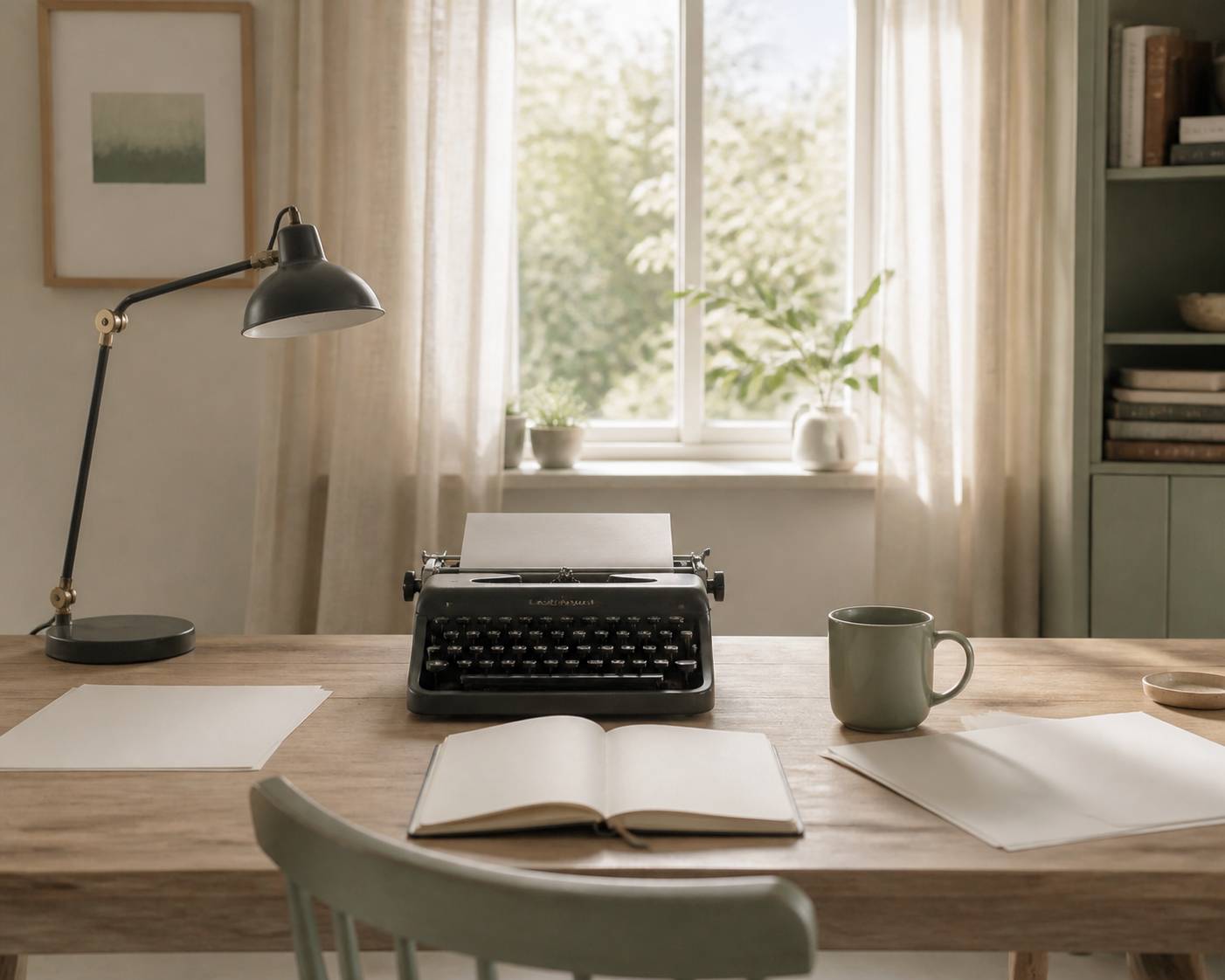 Bureau avec machine à écrire et carnet près d'une fenêtre