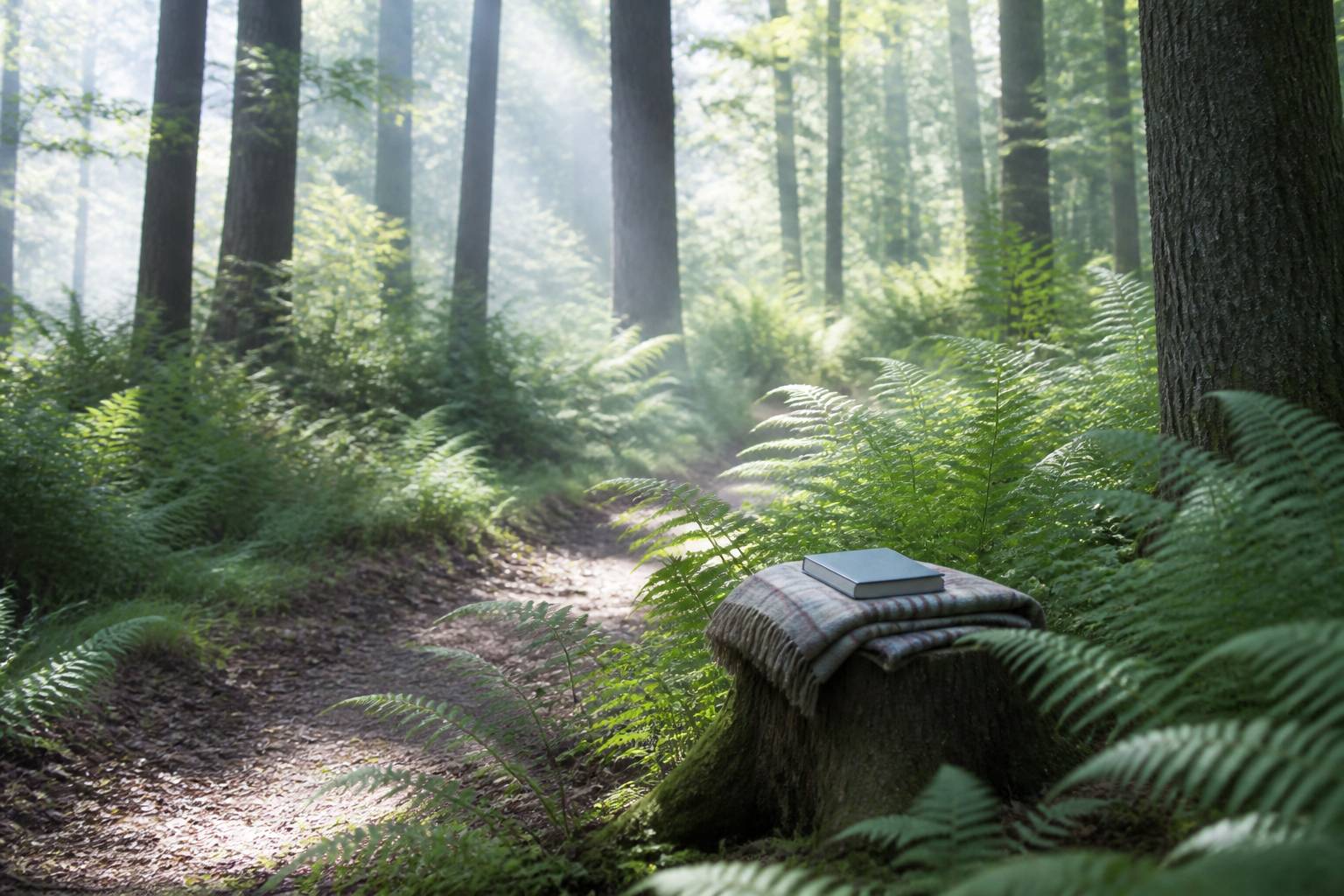 Livre sur le bain de foret pose sur un sentier de sous-bois lumineux