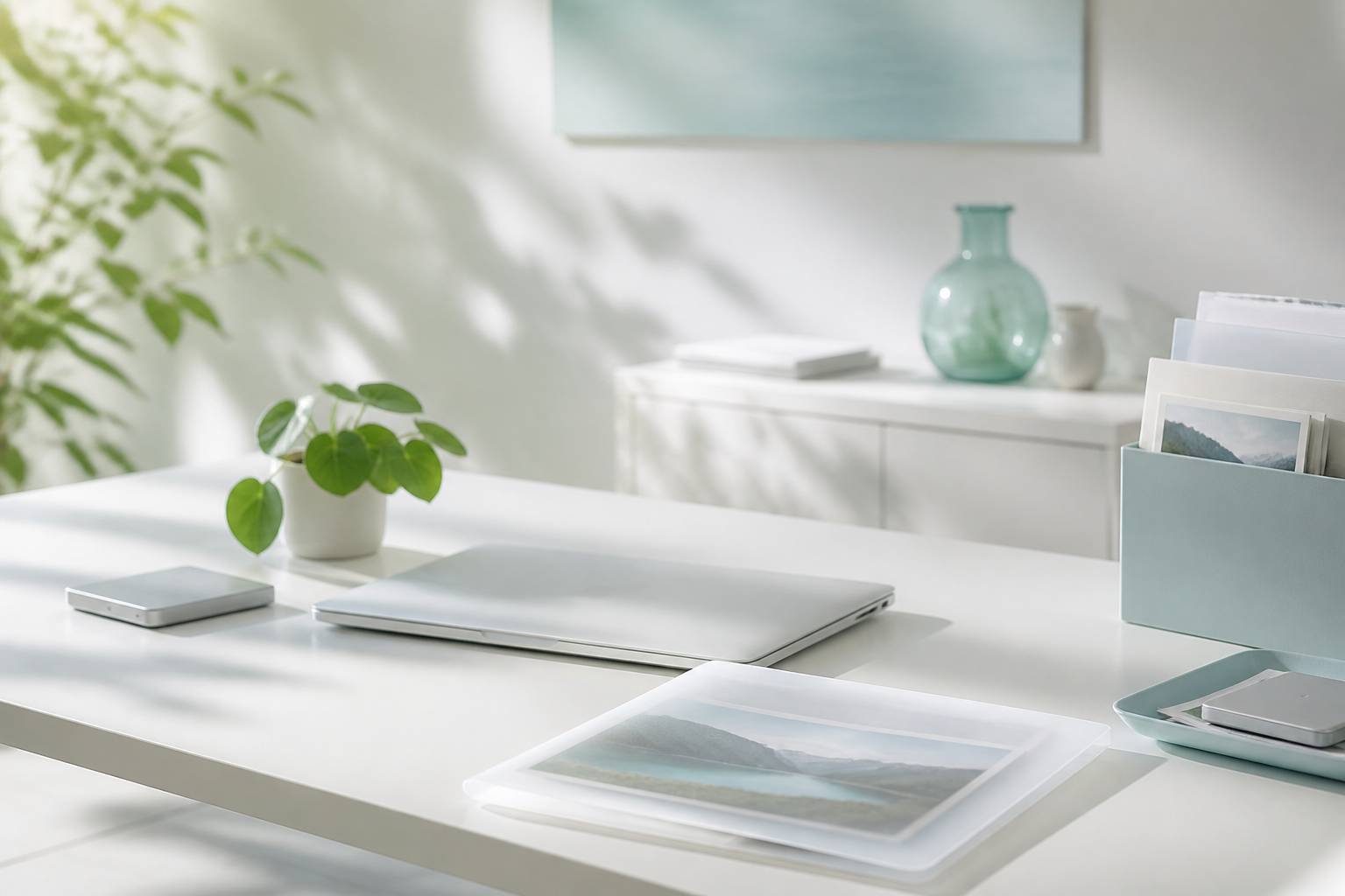 Disque externe et dossier photos numeriques poses sur un bureau minimaliste