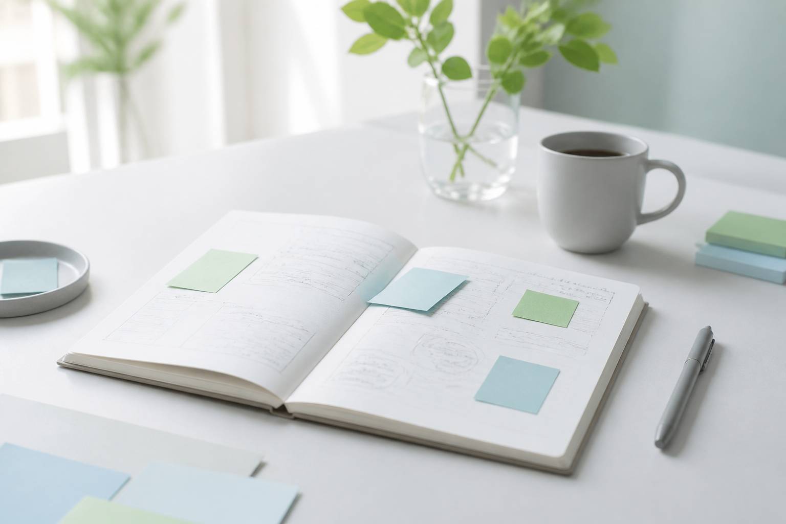 Carnet de strategie editoriale avec pages de plan de contenu et notes