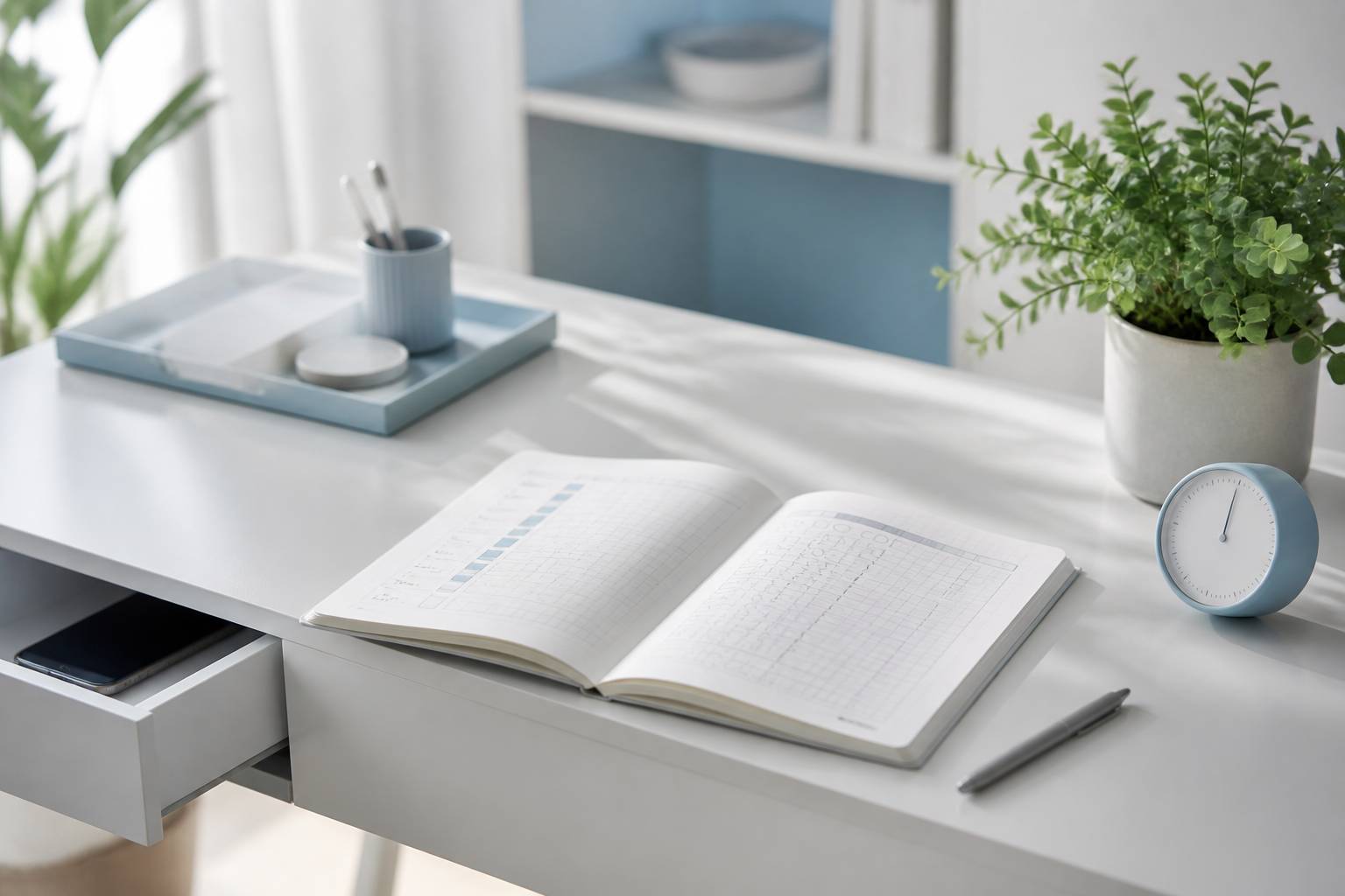 Carnet de suivi d'habitudes ouvert avec tableau de progression et stylo