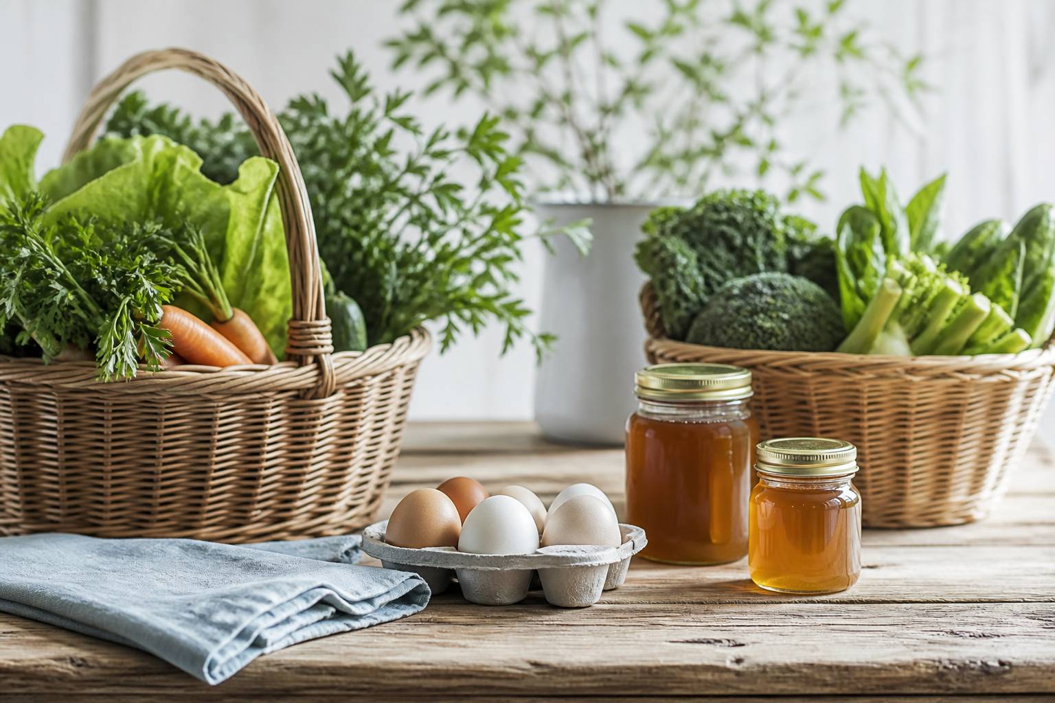 Paniers de légumes, œufs et pots de miel sur une table en bois