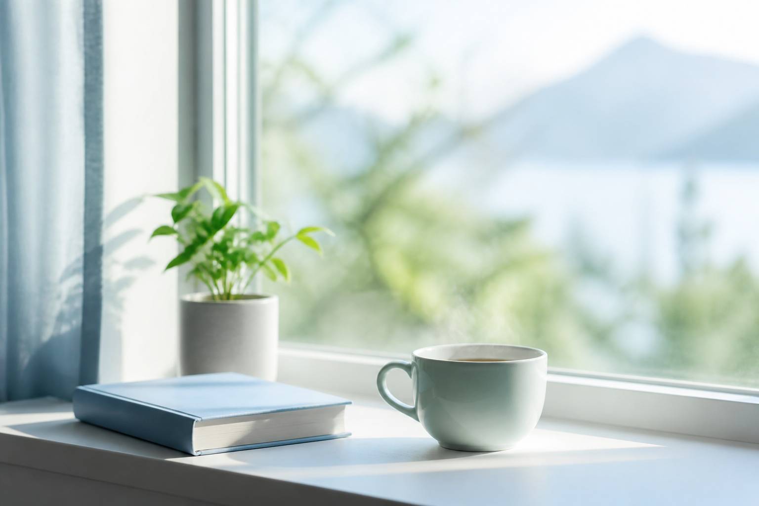 Tasse de the posee sur un rebord de fenetre avec un livre ferme