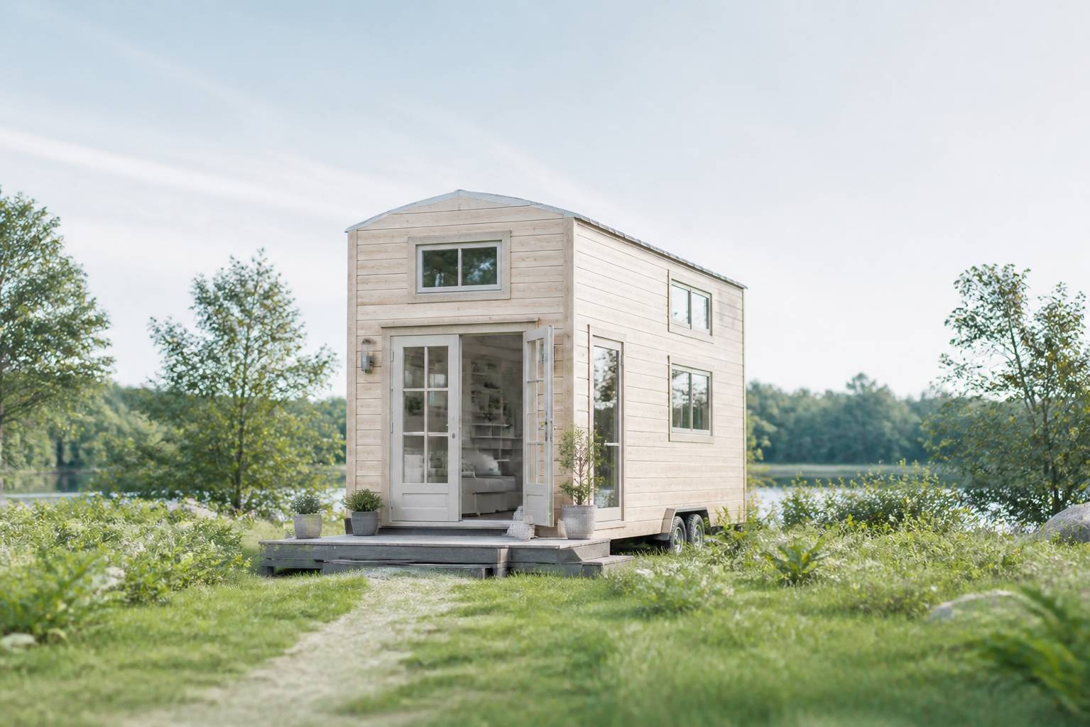 Petite maison en bois sur remorque installée dans un cadre naturel
