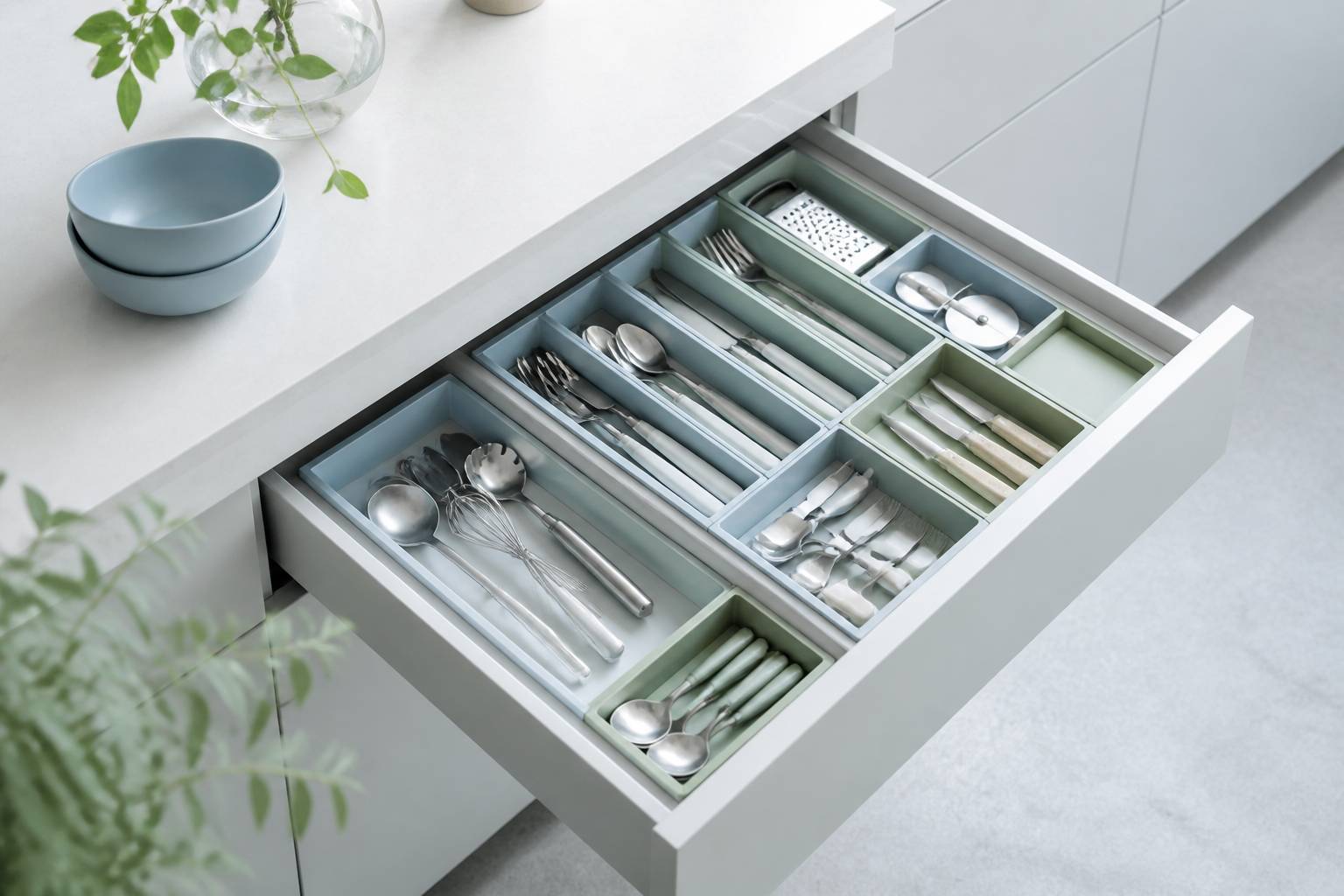 Tiroirs de cuisine segmentes avec ustensiles ranges par zone