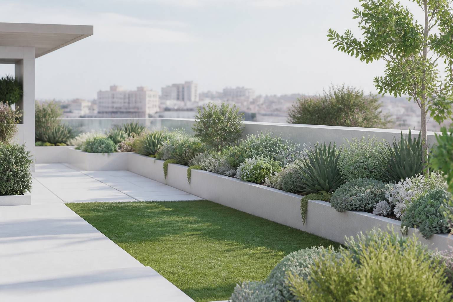 Toit-terrasse transforme en jardin avec des massifs de plantes et une vue urbaine