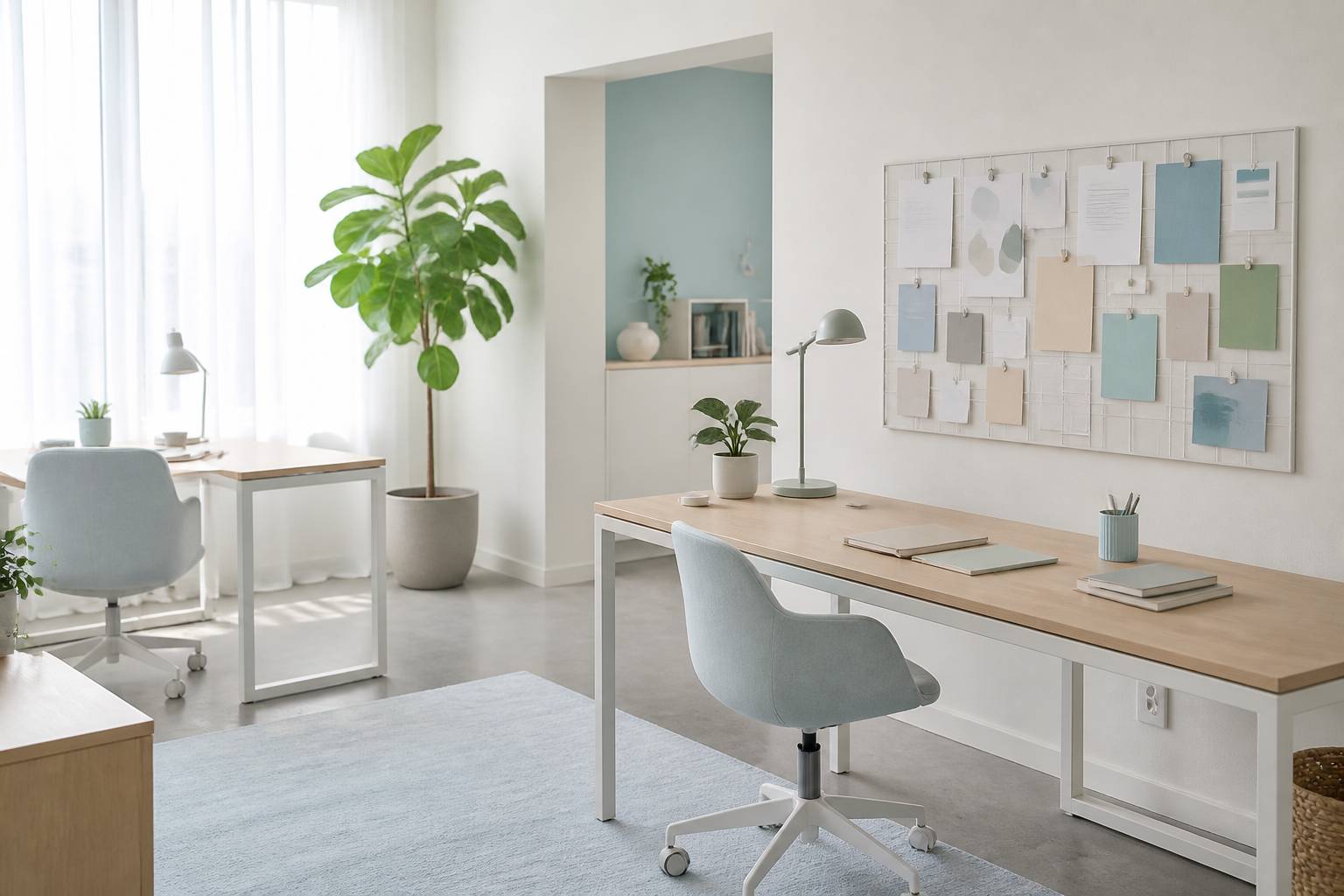 Espace de travail familial partagé avec un planning mural et des carnets