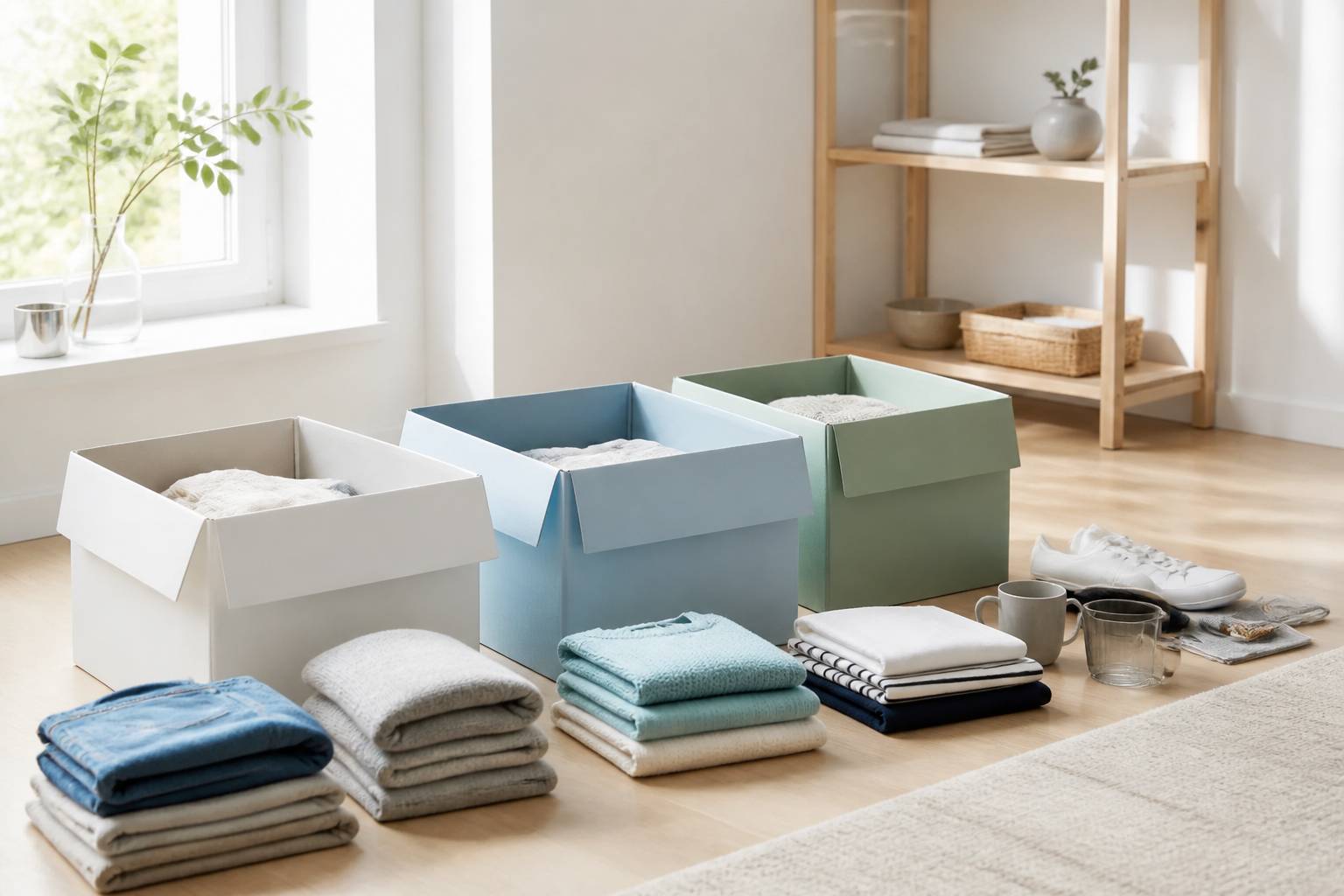 Cartons de tri ouverts aux couleurs douces avec vêtements pliés lors d'un désencombrement