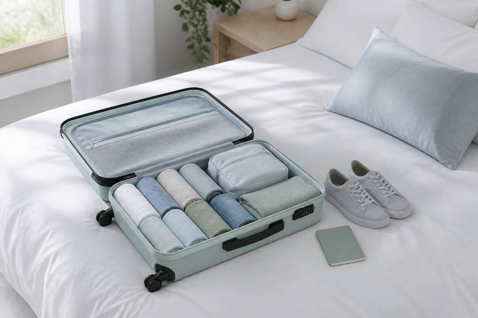 Valise cabine ouverte avec une capsule de vetements plies et des accessoires