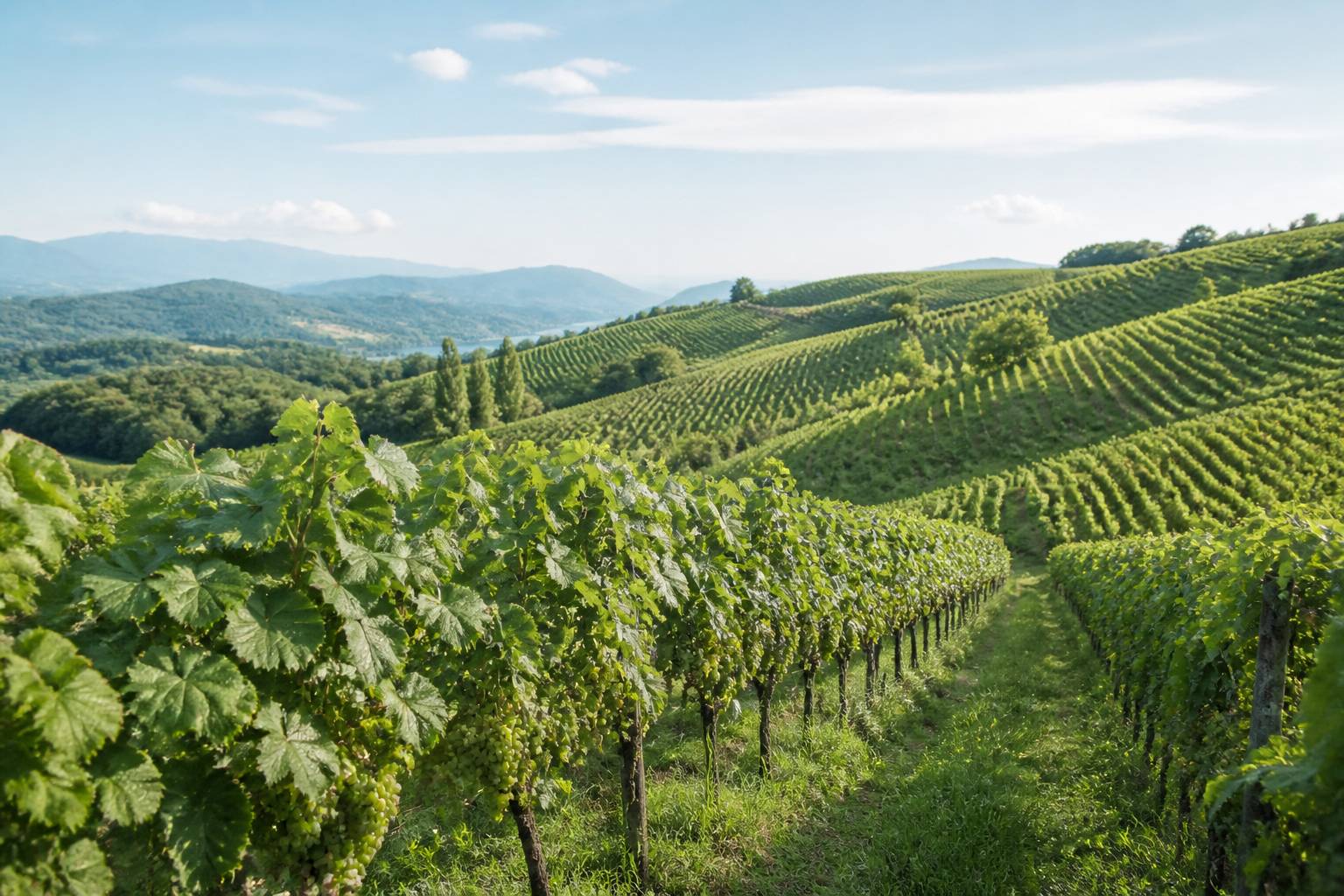 Rangées de vignes verdoyantes sur des collines douces