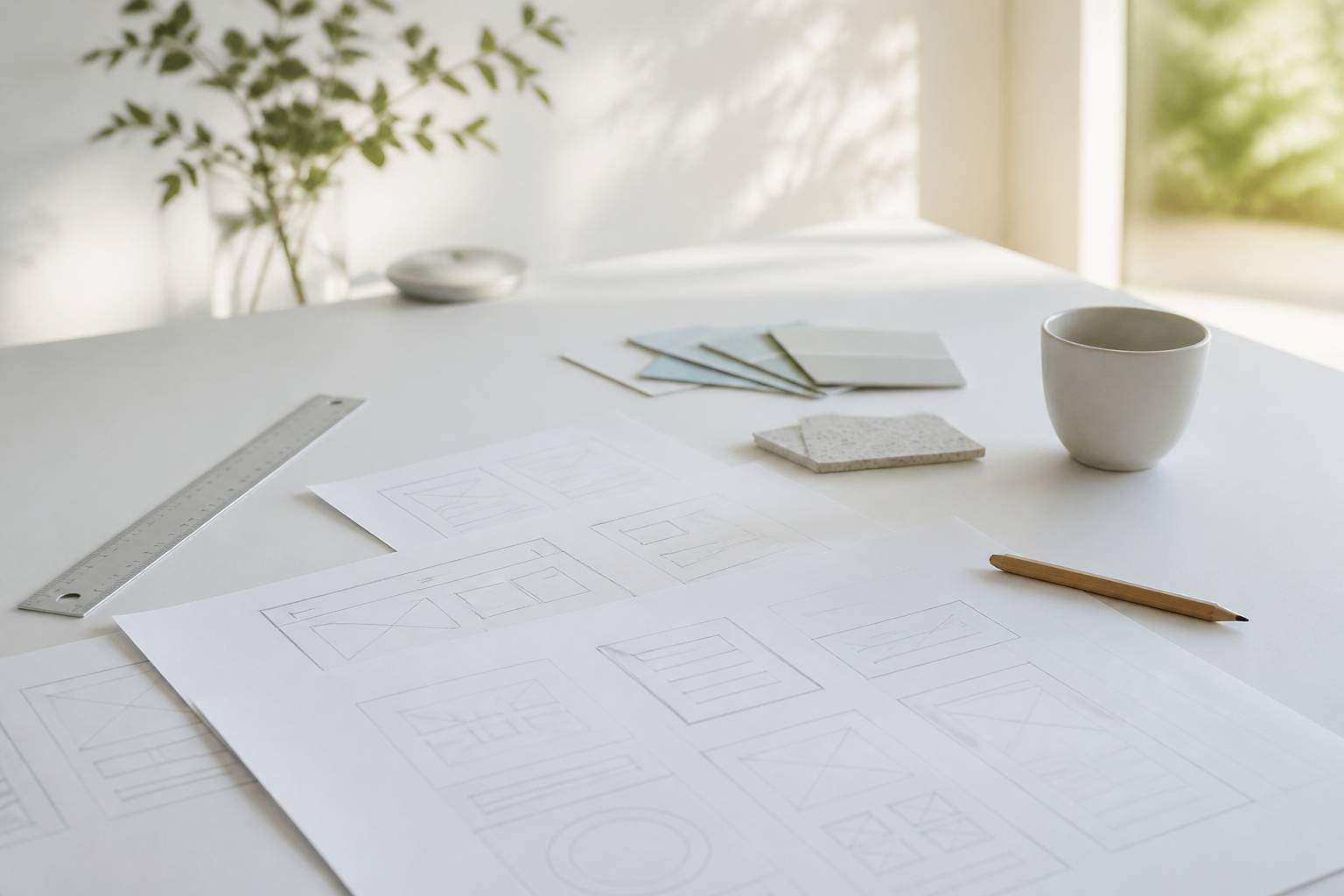 Sketches de wireframes minimalistes sur papier avec crayon et regle