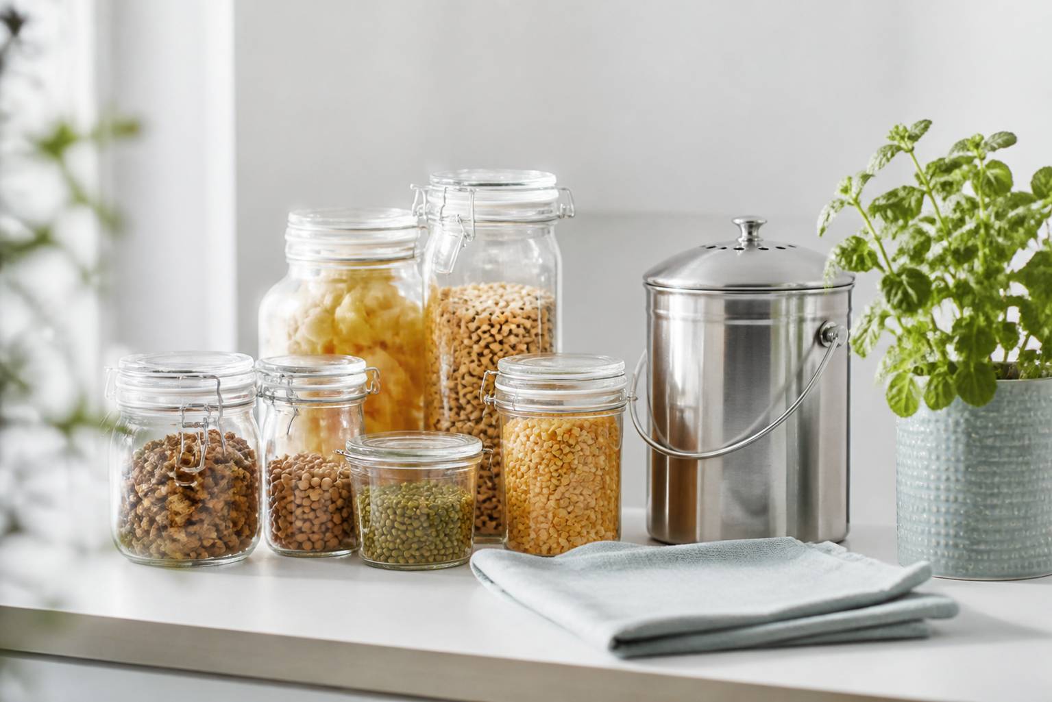 Bocaux en verre d'aliments secs et petit bac à compost en cuisine