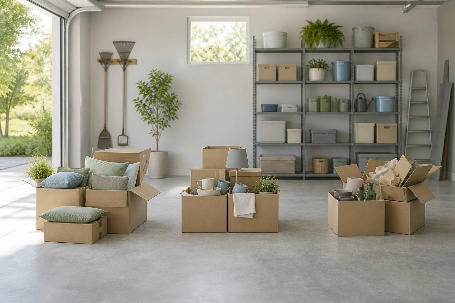 Garage organise en trois zones de tri avec cartons et etiquettes