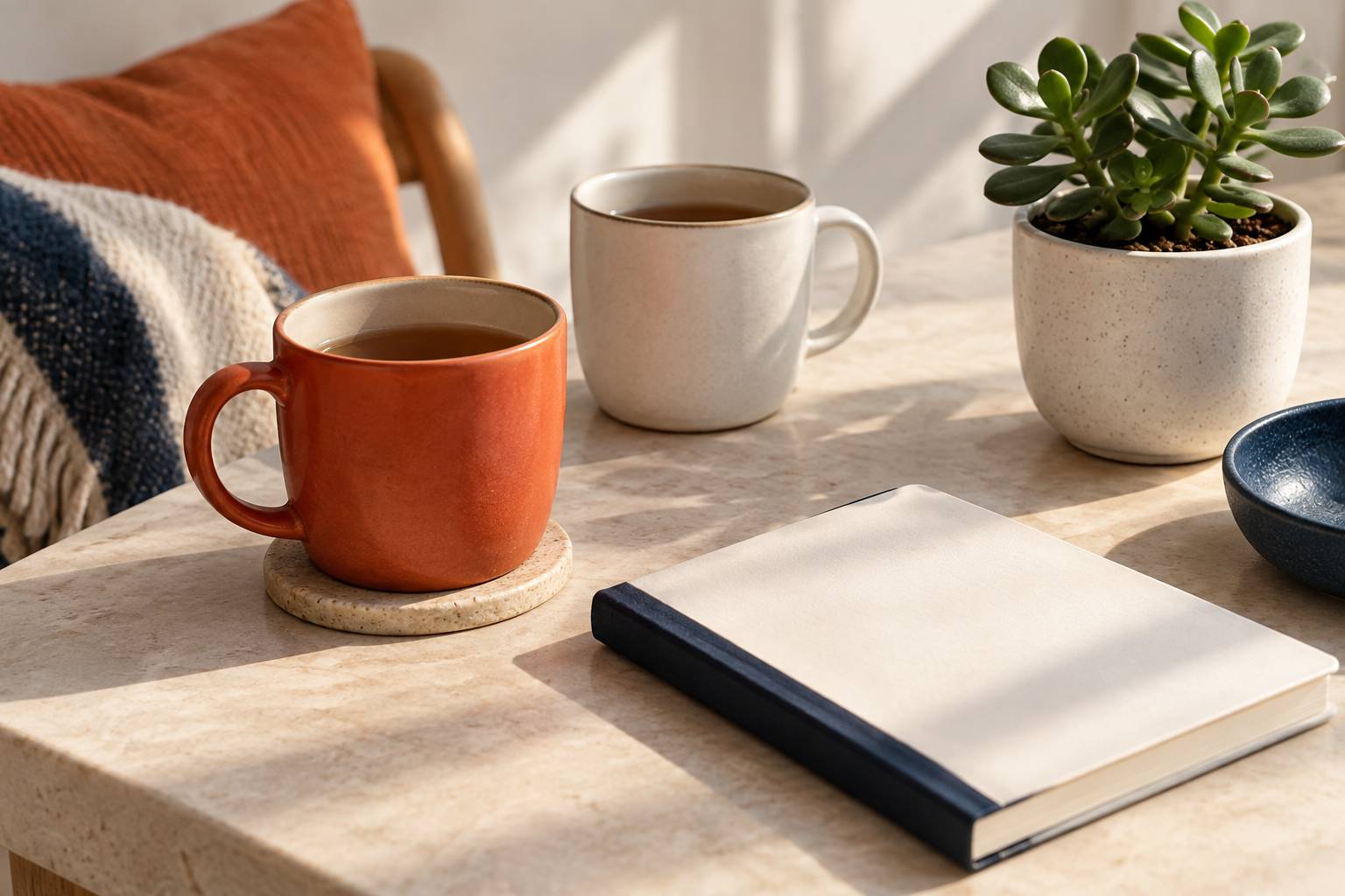 Tasses de the et carnet ferme sur une table claire avec une plante grasse
