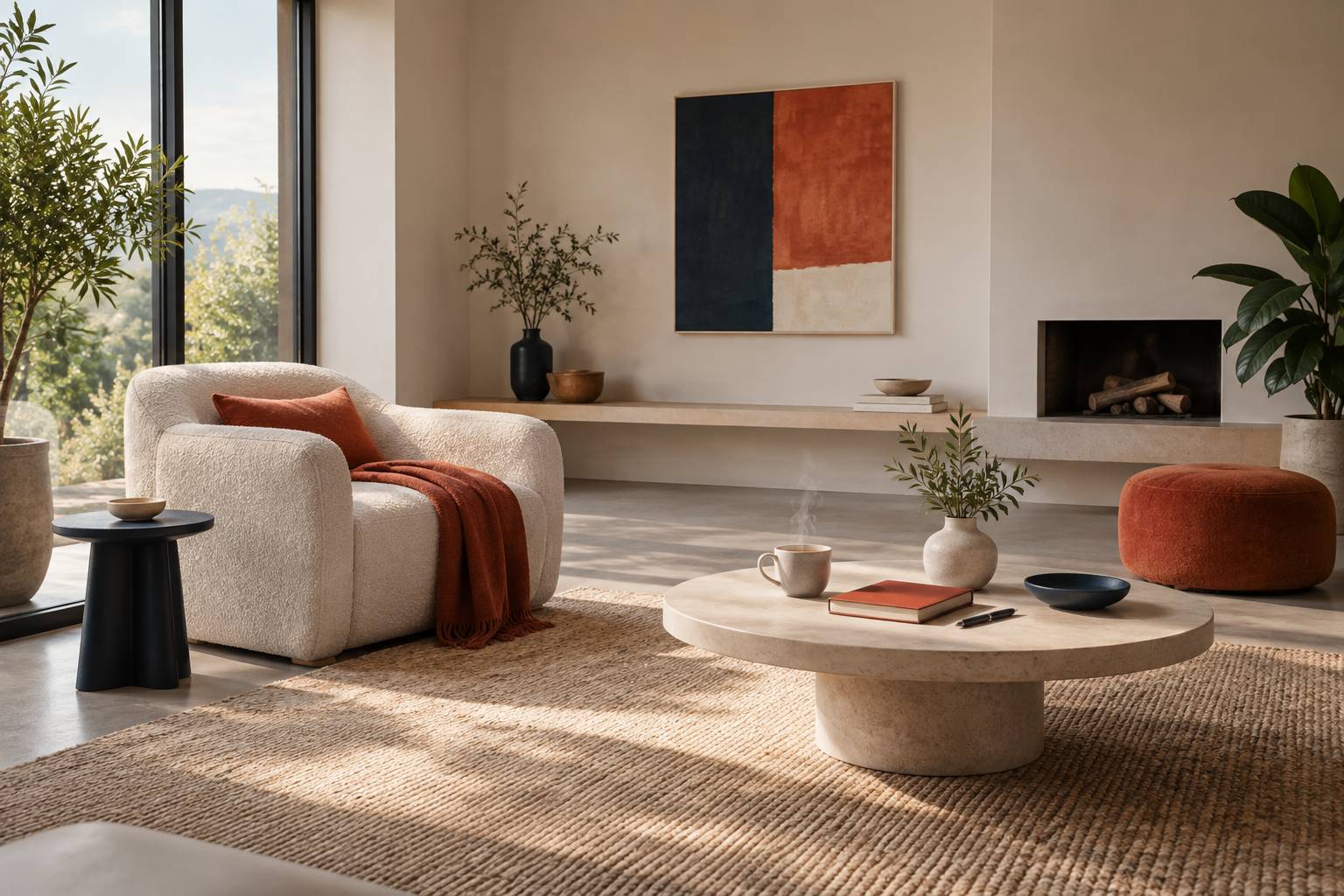 Fauteuil clair et tasse de the dans un interieur calme baigne de lumiere douce