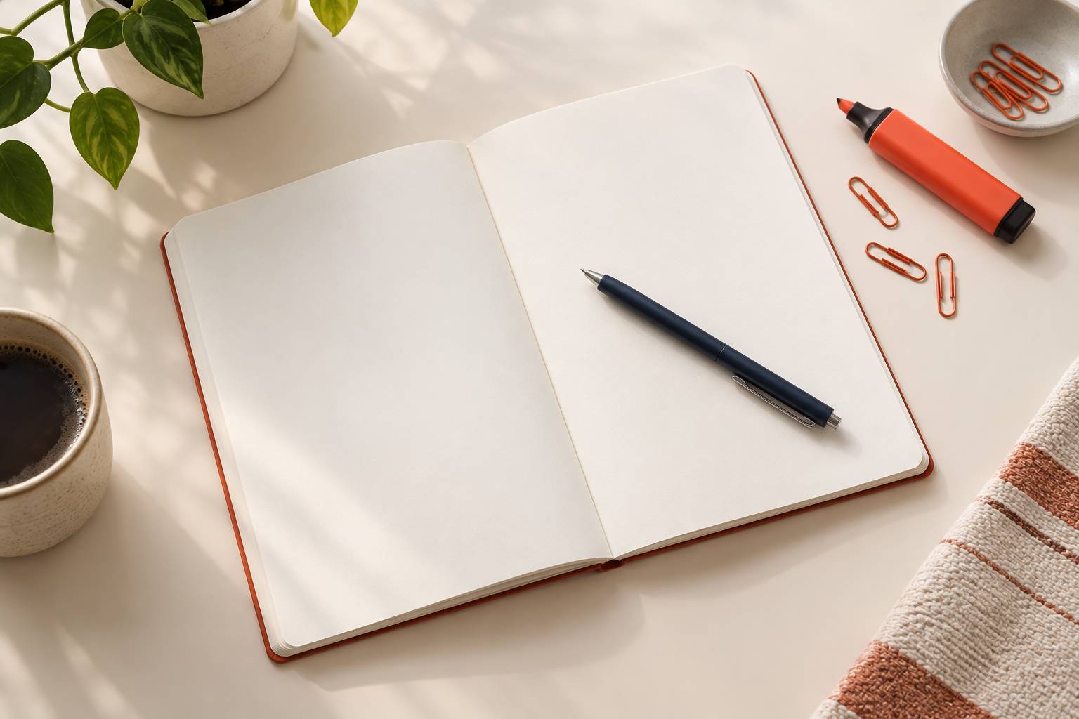 Cahier de notes vierges et stylo poses sur un plan de travail clair