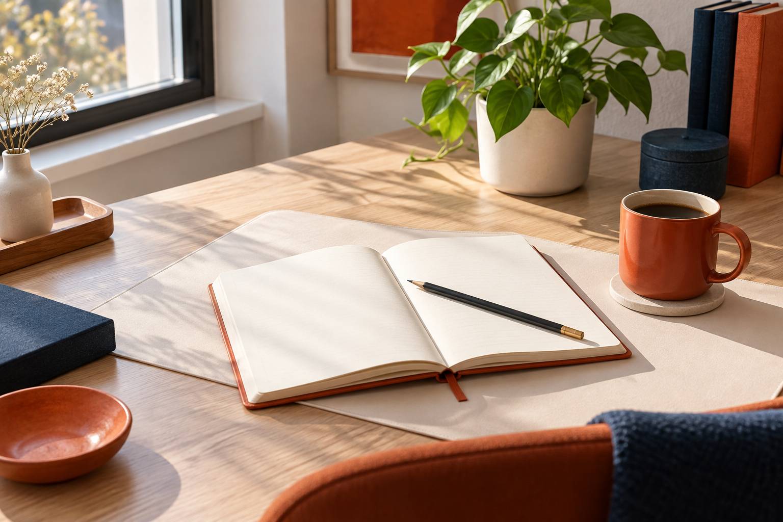 Carnet ouvert aux pages vierges et crayon sur un bureau clair