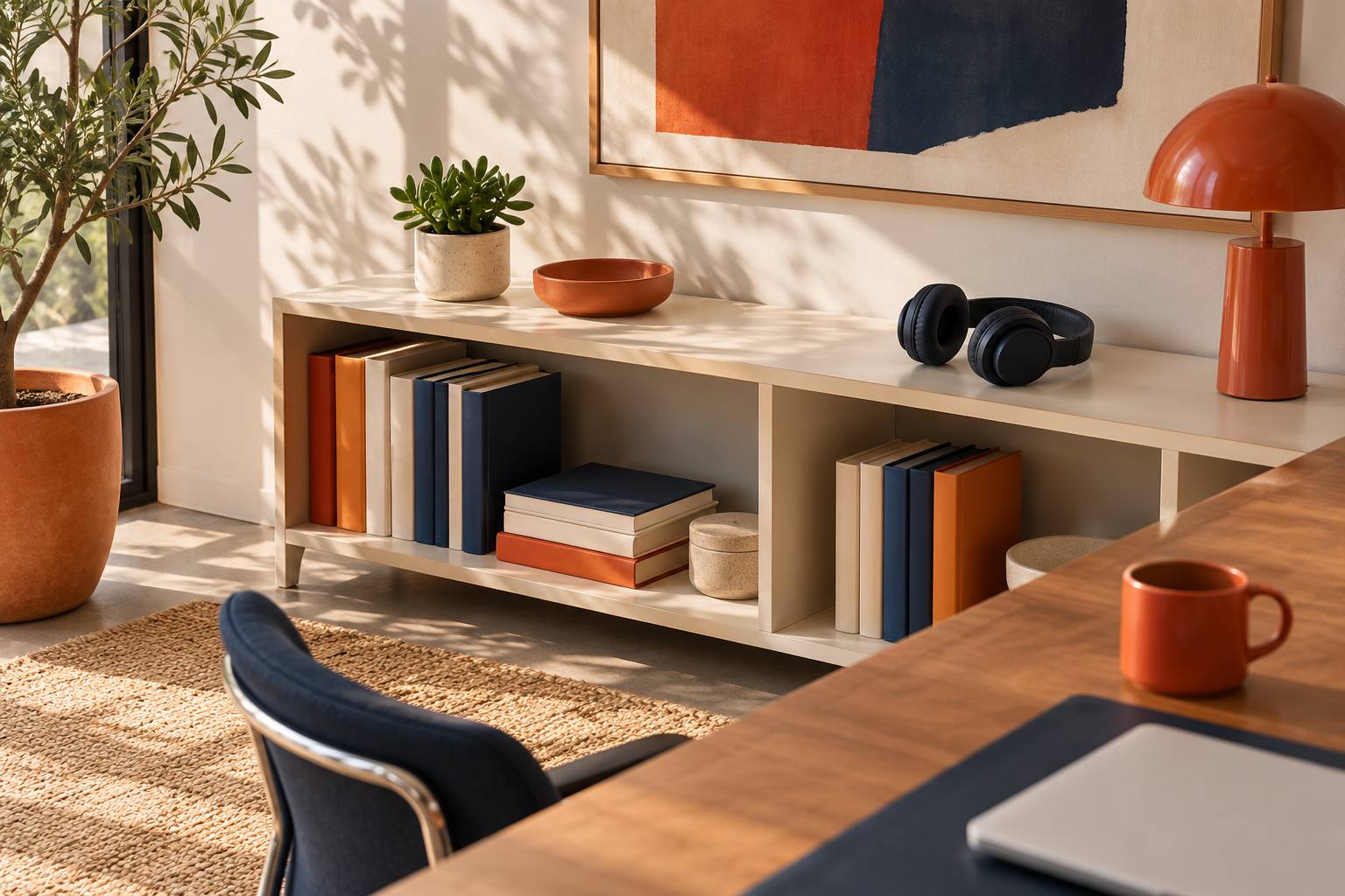 Etagere de bureau avec livres aux dos unis et casque audio