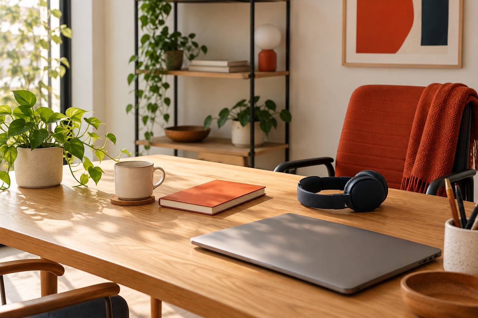 Bureau clair et sobre avec plante, carnet ferme et tasse