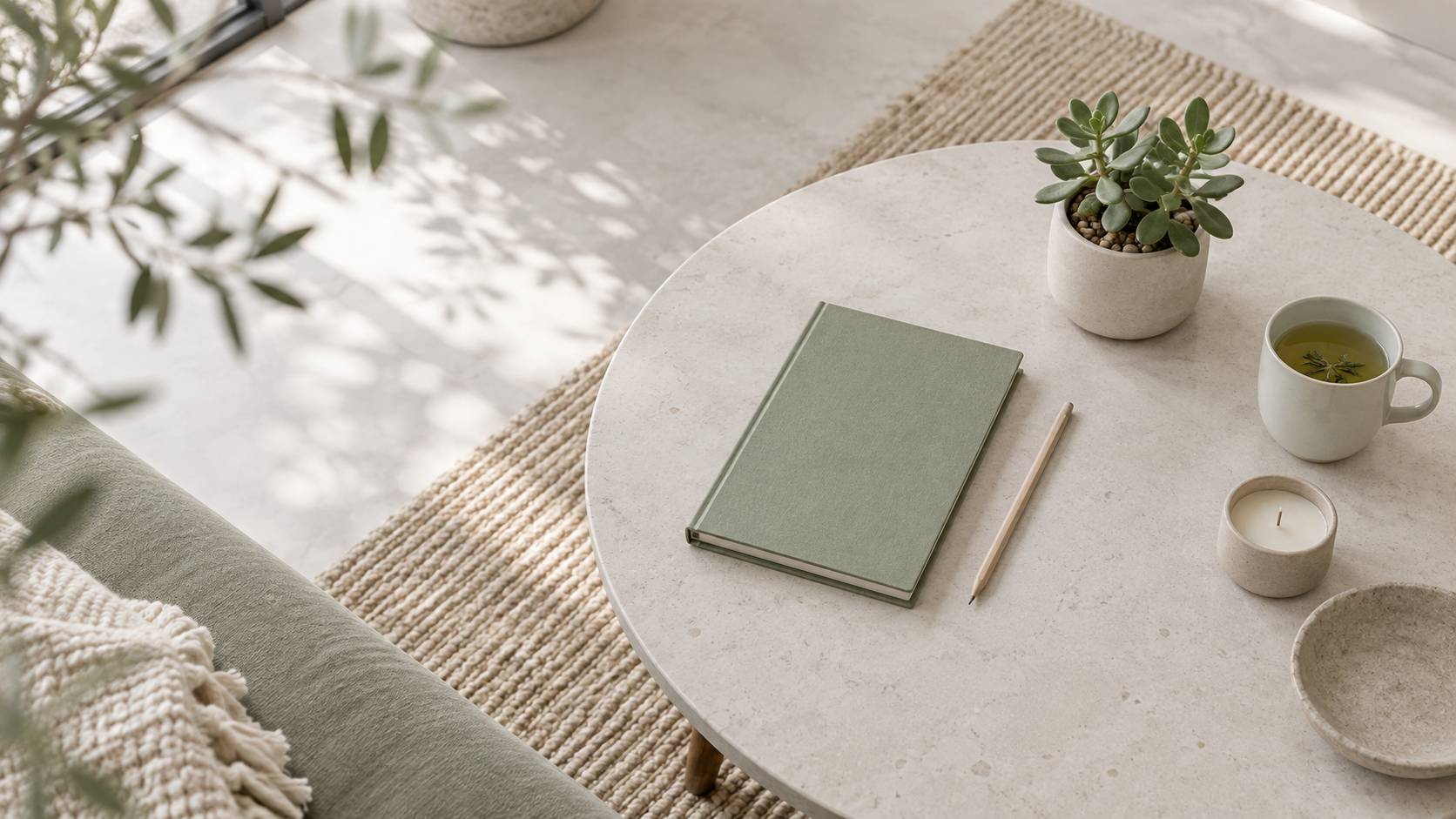 Carnet ferme, tasse et plante grasse sur une table basse apaisante