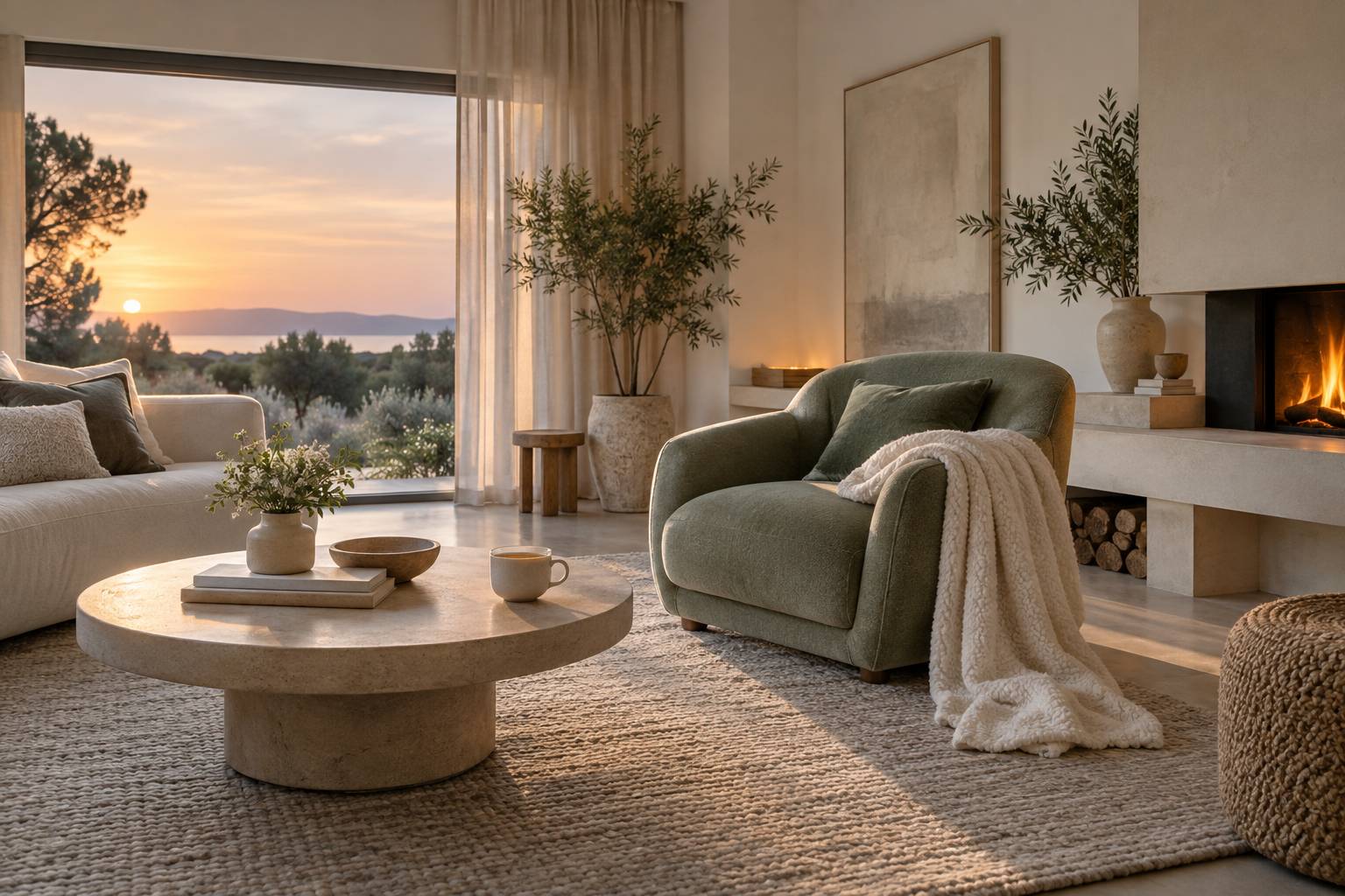 Salon calme avec fauteuil, plaid et tasse de tisane