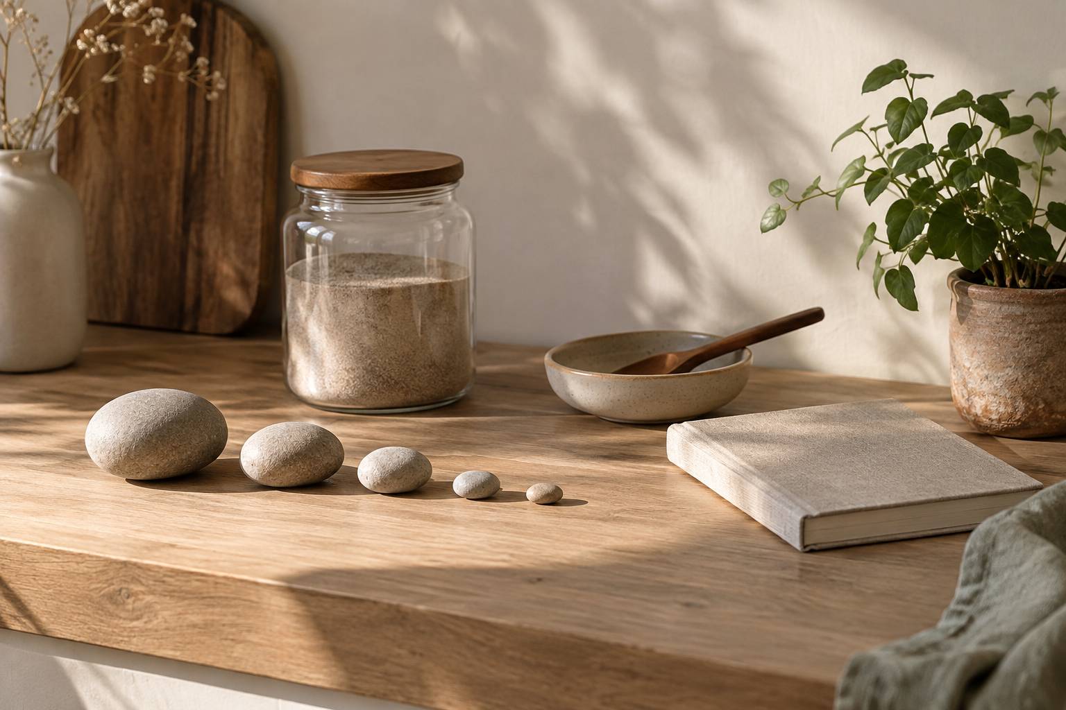 Grand bocal en verre avec gros galets sur sable fin et galets alignés sur un bureau en bois
