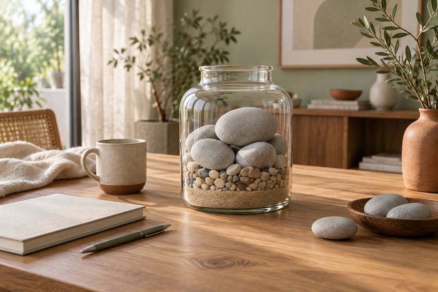 Grand bocal en verre avec gros galets sur sable fin et galets alignés sur un bureau en bois