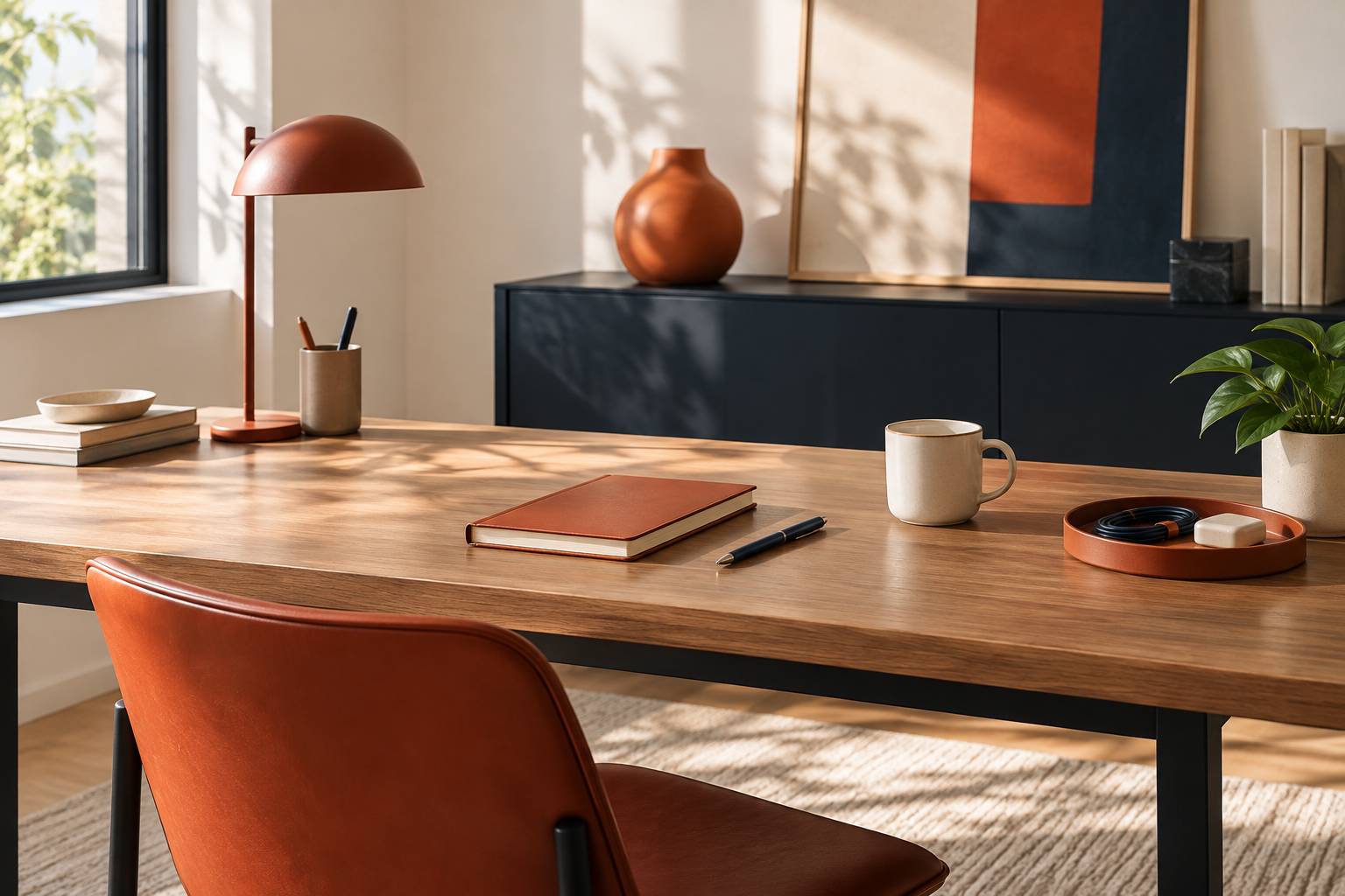 Bureau ordonne avec carnet ferme et cables enroules