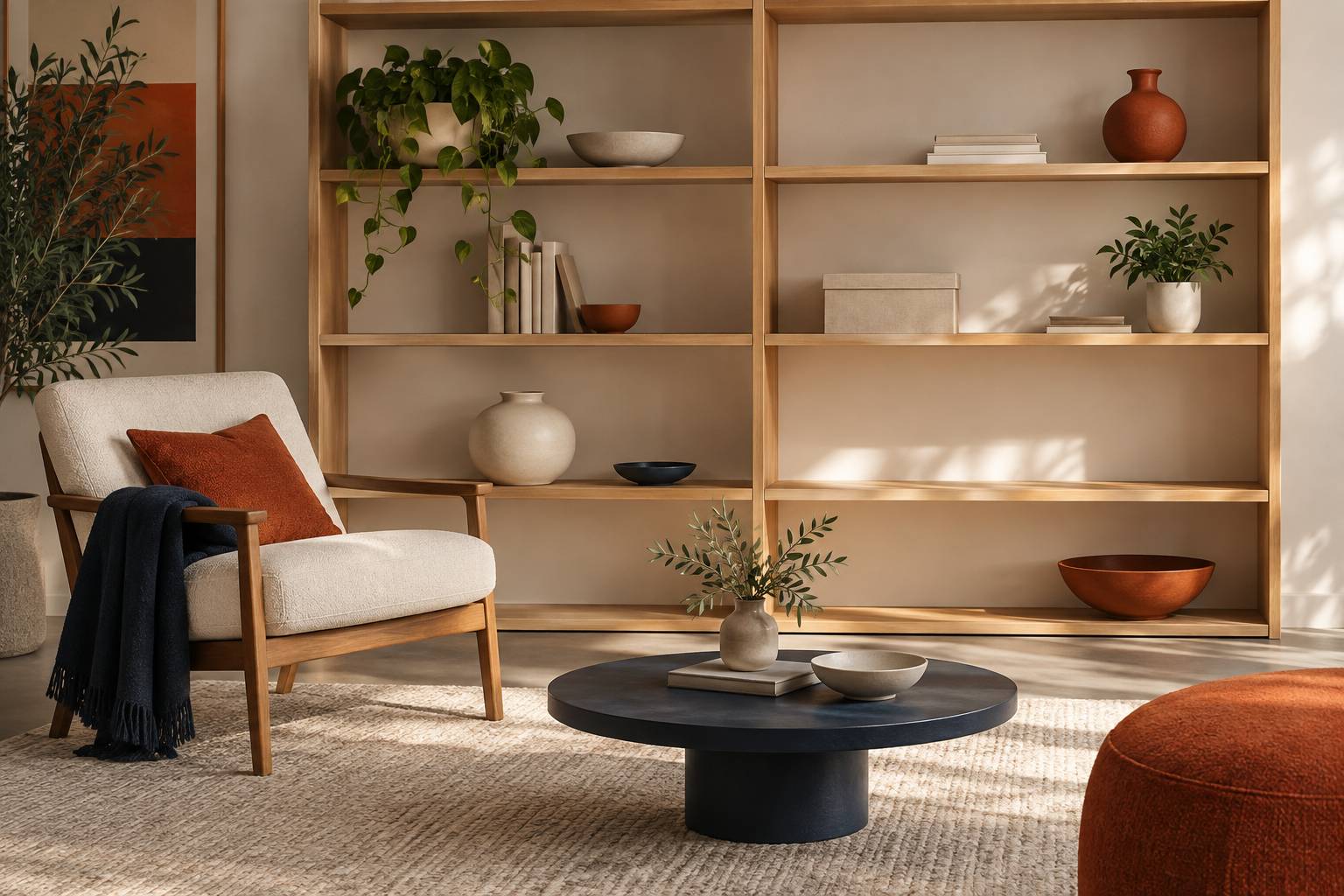 Etagere en bois rangee avec objets alignes et plante verte