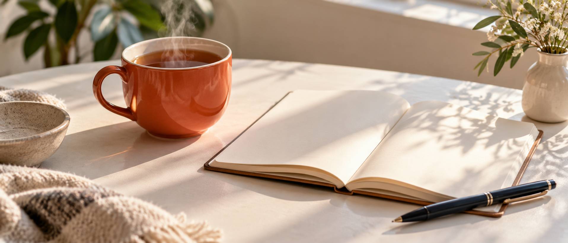 Tasse de the fumante et carnet avec stylo sur une table claire