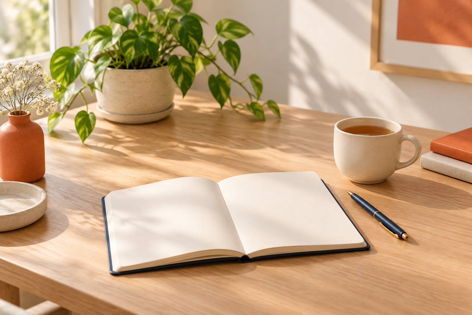 Carnet ouvert, stylo et tasse de the sur une table en bois clair