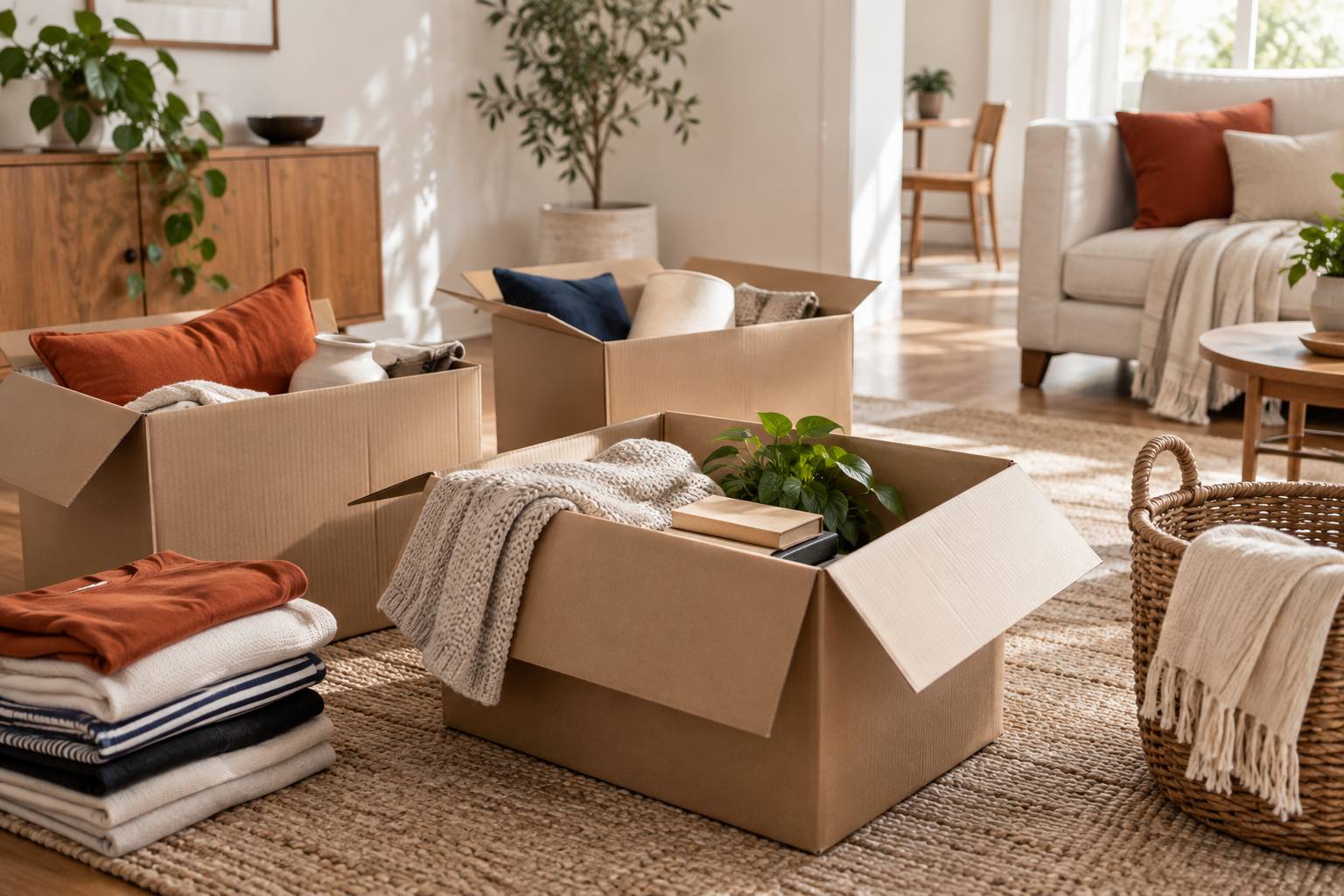 Cartons ouverts et vetements plies dans un interieur en rangement