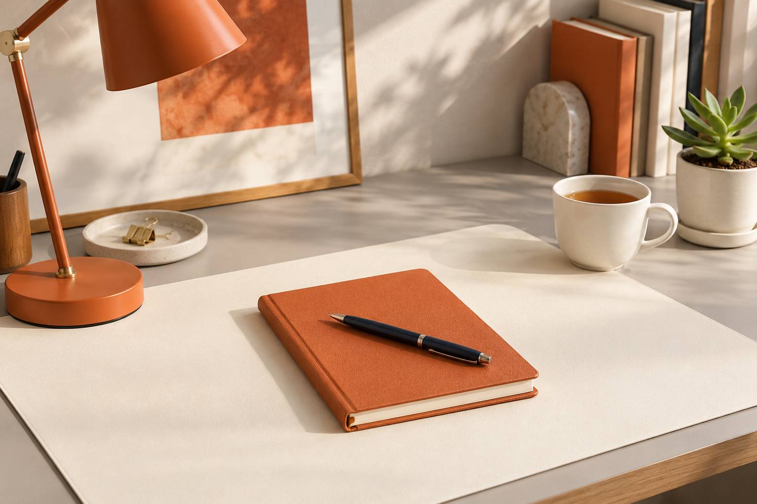 Carnet ferme et stylo poses sur un sous-main clair en lumiere douce