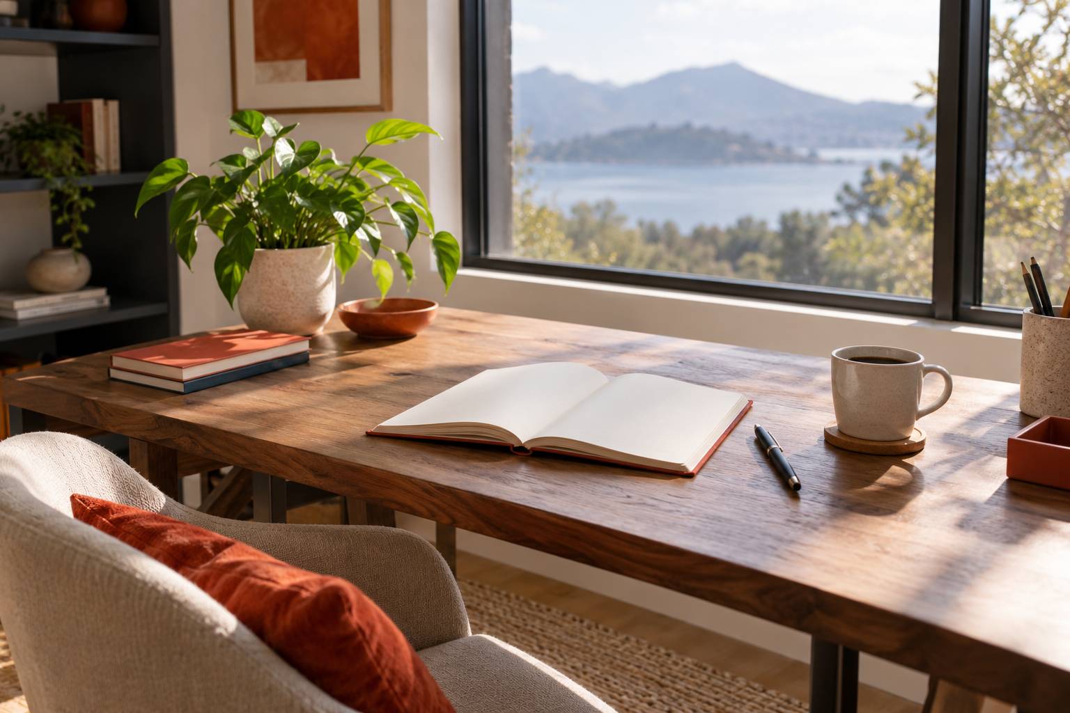Bureau calme pres d'une fenetre avec carnet ouvert et tasse de cafe