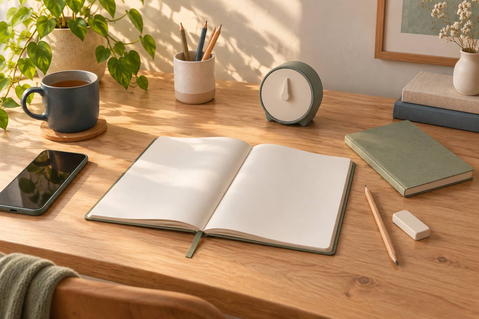 Bureau simple avec agenda papier ouvert, minuteur mécanique, carnet et téléphone à écran éteint