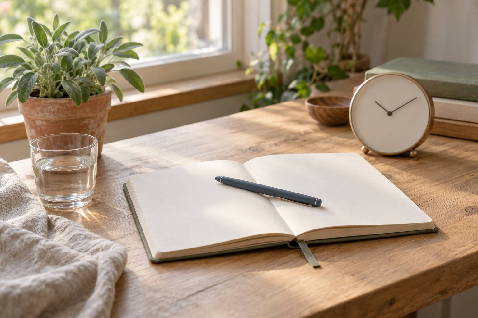 Carnet ouvert et stylo sur un bureau clair près d'une fenêtre, avec plante verte et verre d'eau
