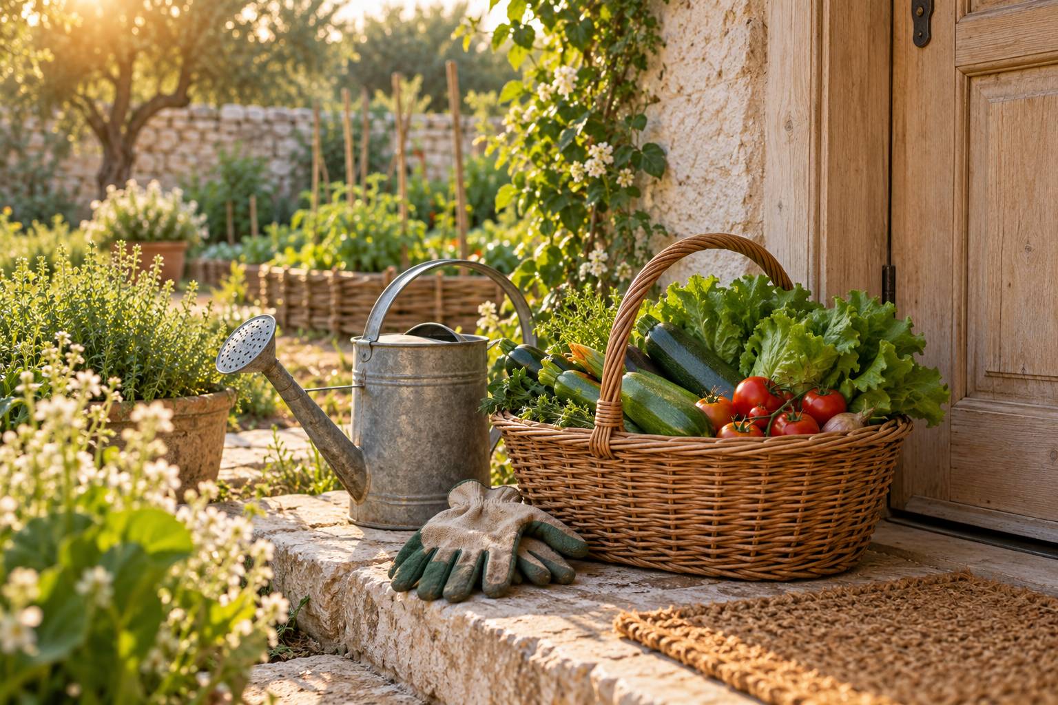 Panier de légumes et gants de jardin posés près d'une porte, dans une lumière chaleureuse
