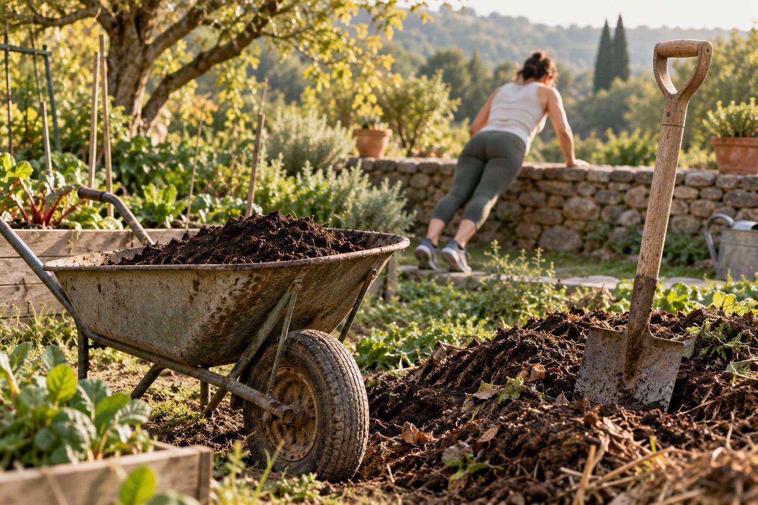 Jardin potager avec brouette et pelle, personne anonyme de dos faisant une pompe sur un muret de pierre