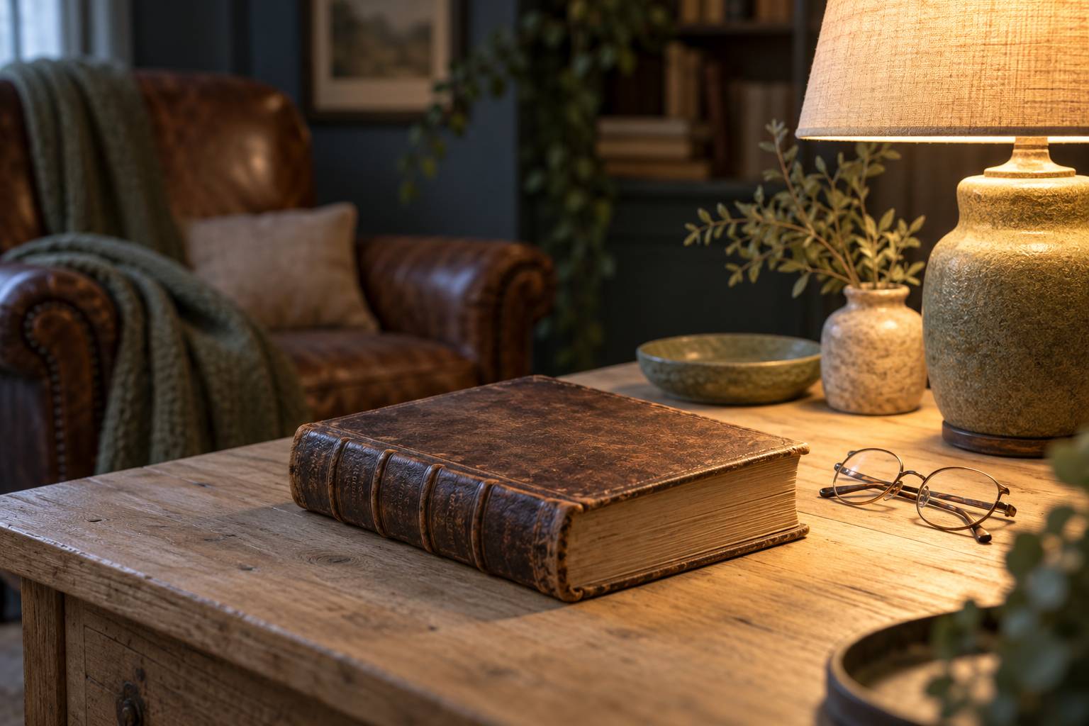 Livre ancien relié cuir fermé sur une table en bois, près d'une lampe de lecture et de lunettes