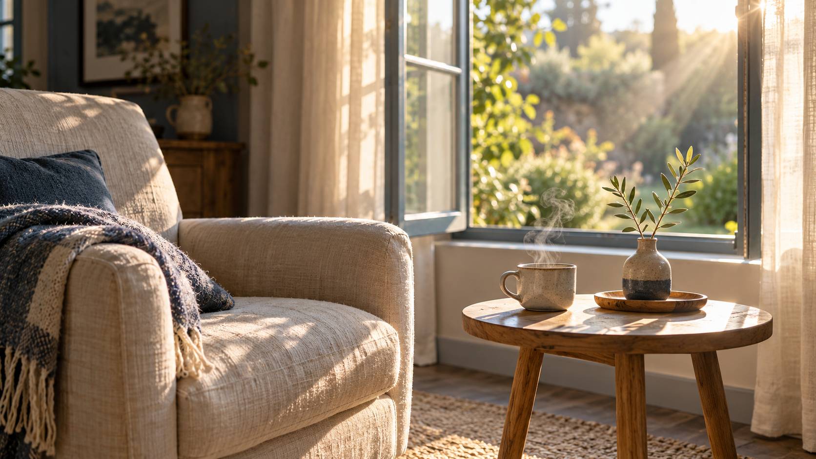 Fauteuil avec plaid et tasse fumante près d'une fenêtre ouverte sur un jardin au matin