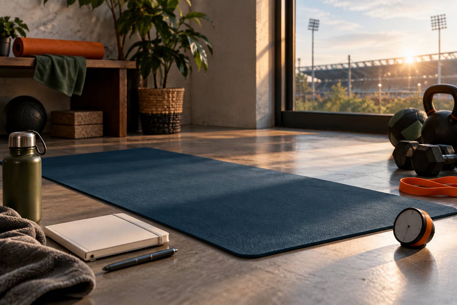 Tapis de yoga et carnet de suivi fermes poses dans un coin d'entrainement