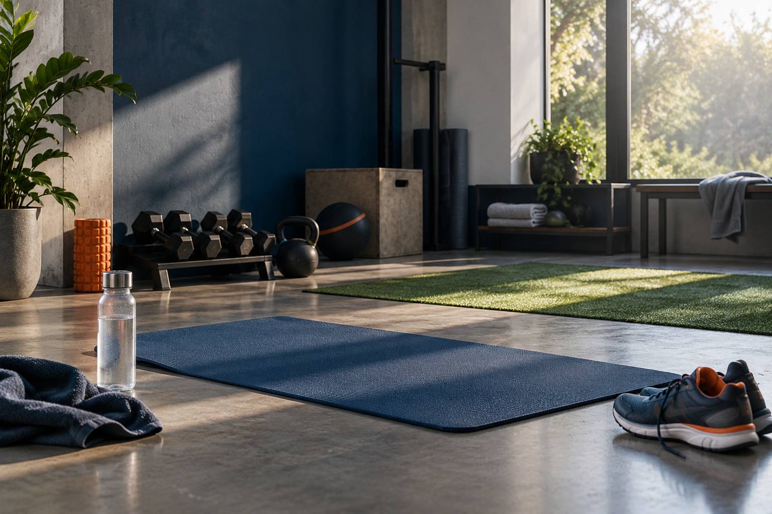 Tapis de sport et halteres dans un interieur sobre pret pour l'entrainement
